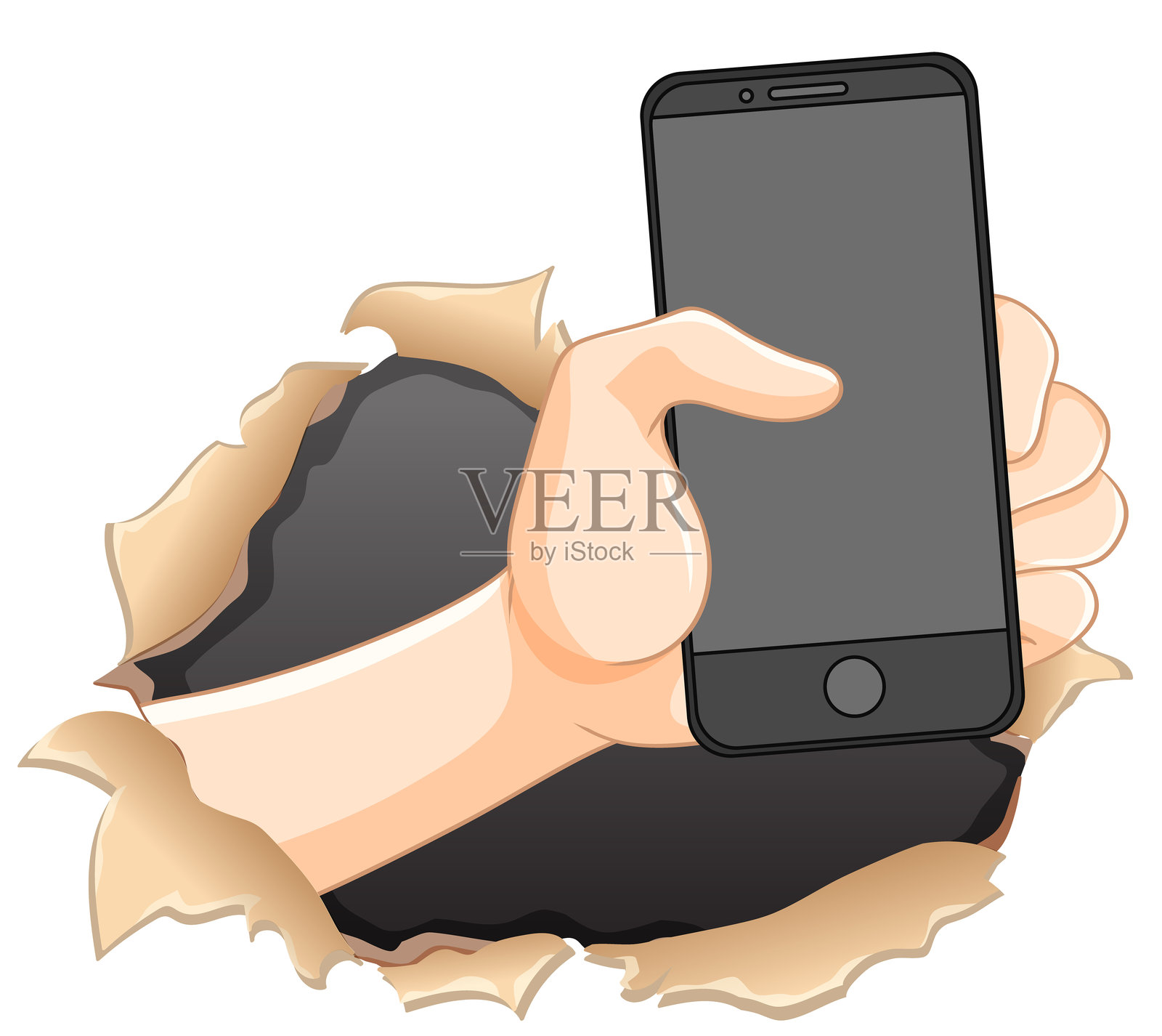 一只手伸出，握着一部智能手机。插画图片素材