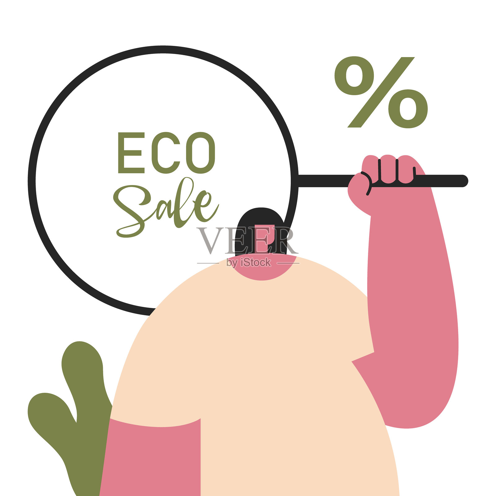 生态黑色星期五促销。女孩佩戴着华丽的眼镜，背景为白色，旁边有折扣标志和文字。插画图片素材