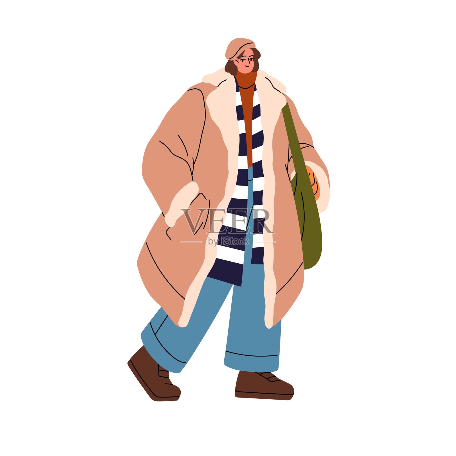 时尚女孩穿着毛茸茸的外套和条纹围巾，提着包。年轻女性穿着冬季外套和帽子行走。穿着保暖衣物的人，冬季服装。白色背景上的平面插图。插画图片素材
