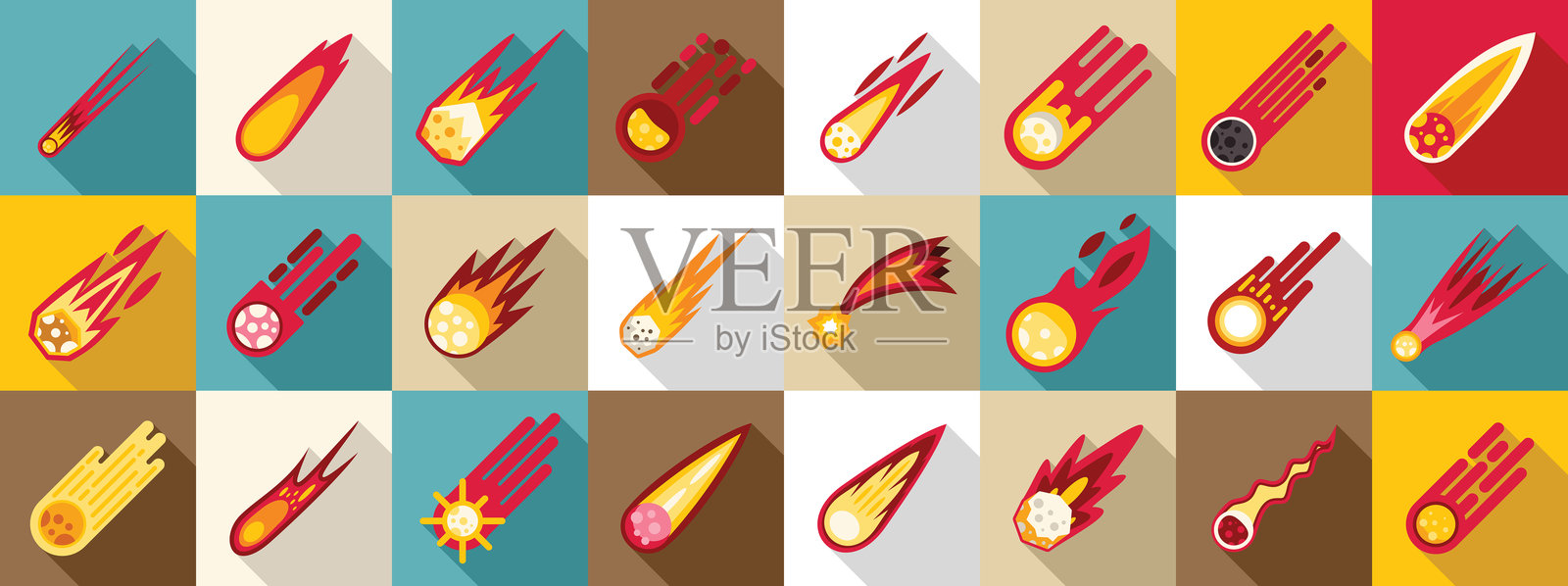 流星轨迹图标集平面矢量图。坠落的太空。插画图片素材