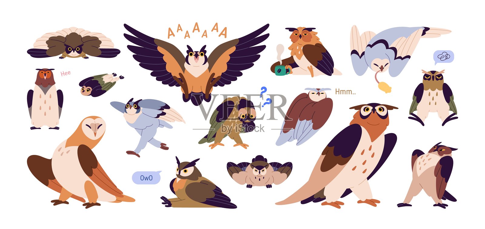 一组有趣的谷仓、极地或鹰鸮。可爱的森林小鸟在飞翔、栖息，享受幽默的表情。漫画风格的困倦小鸮与咖啡杯。白色背景上的平面孤立矢量插图。插画图片素材