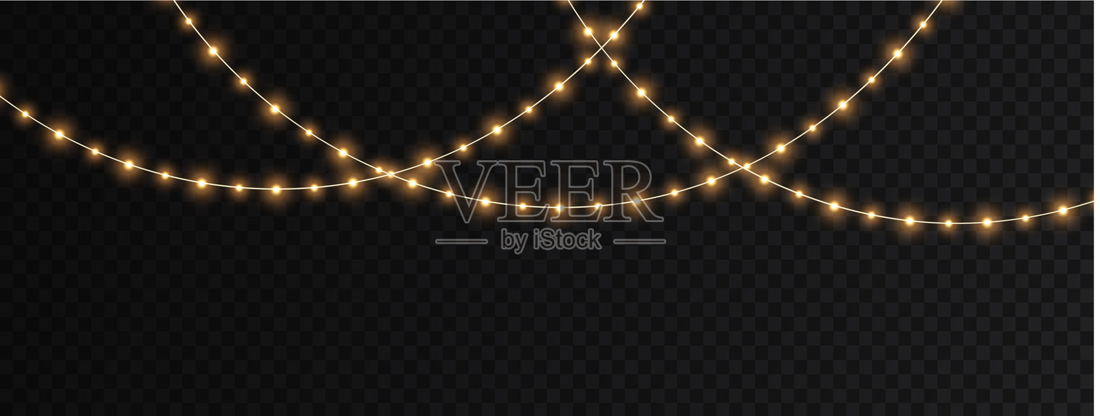 明亮的金色花环。节日插图中的圣诞灯饰。黄色花环闪烁着光芒，散发出光效。插画图片素材