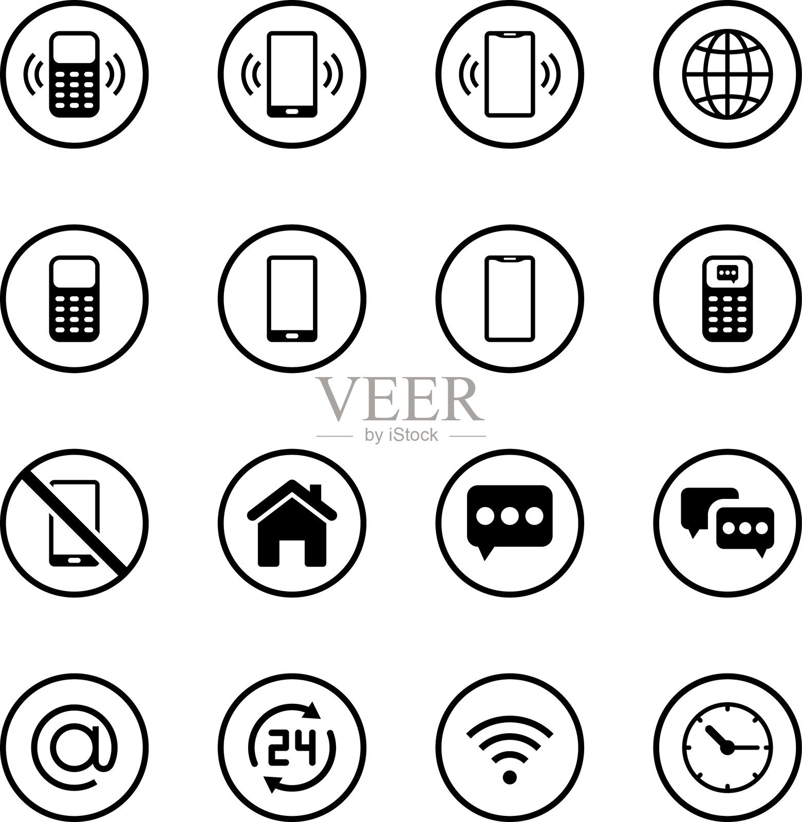 联系图标集。电话、聊天图标。电话呼叫标志。联系符号手机通话。手机图示。矢量插图。插画图片素材