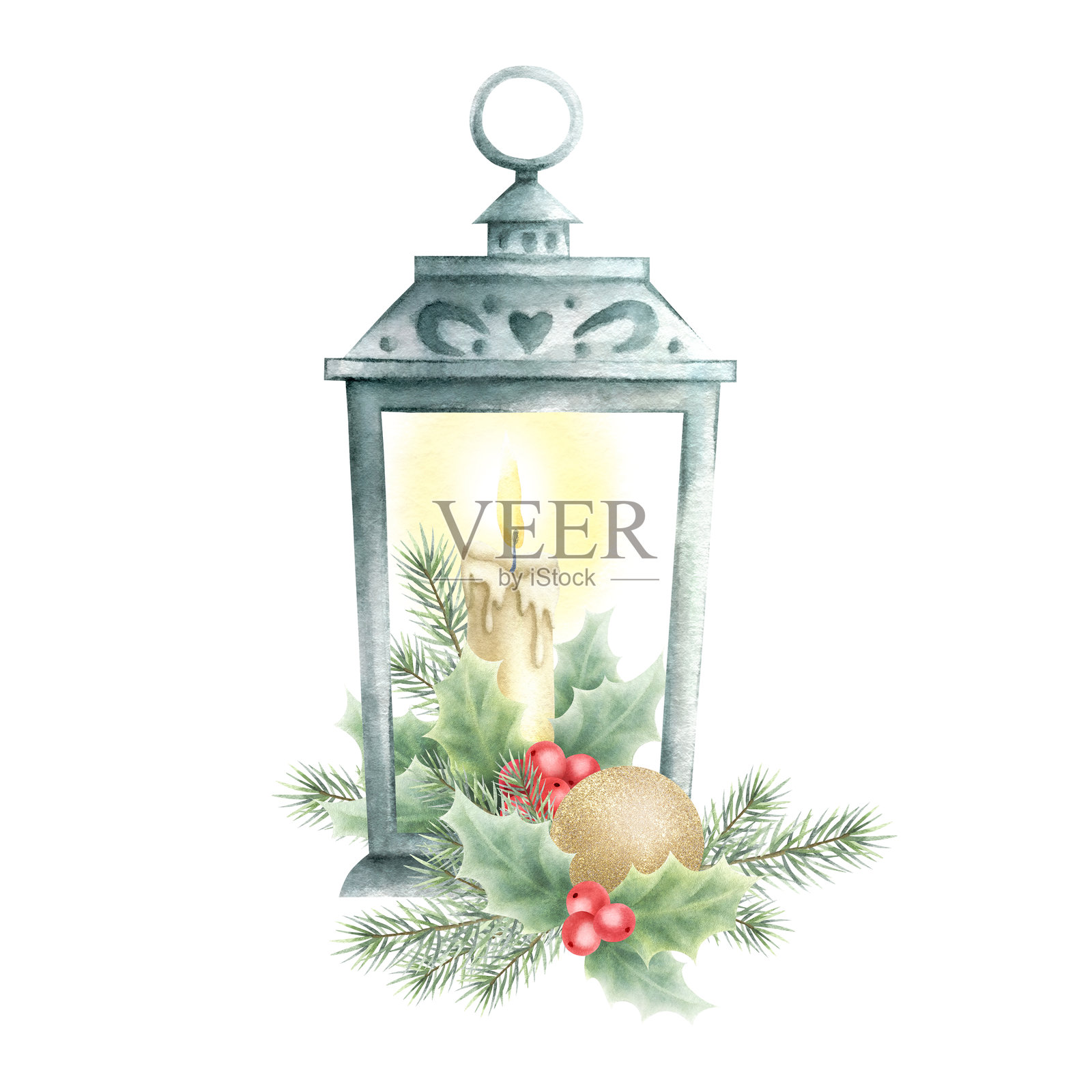 复古灯笼内有发光蜡烛，周围装饰着冬青植物、冷杉枝、松果和金色球体。手绘水彩风格的老式金属灯具，适用于圣诞贺卡和节日包装。插画图片素材