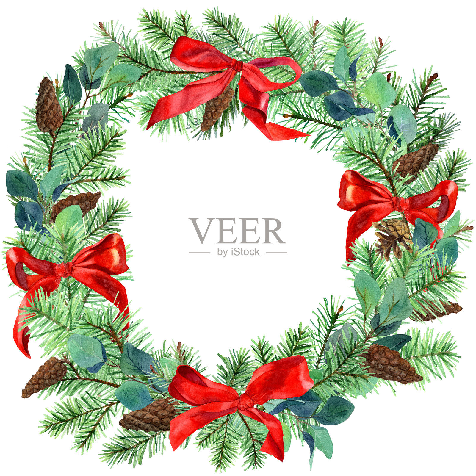 水彩松树枝与松果和红色蝴蝶结组成的花环。冬季圣诞圆形框架。文本模板。新年装饰。插画图片素材