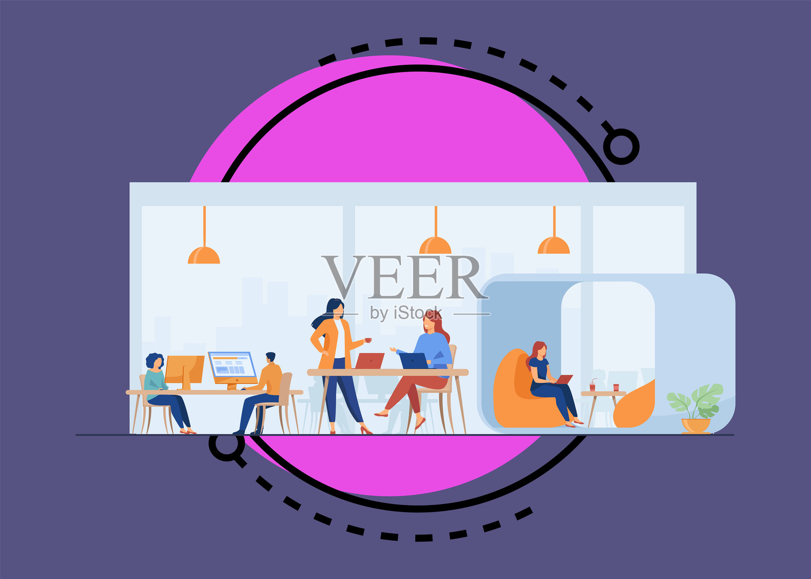 现代商业团队在开放式办公室工作插画图片素材