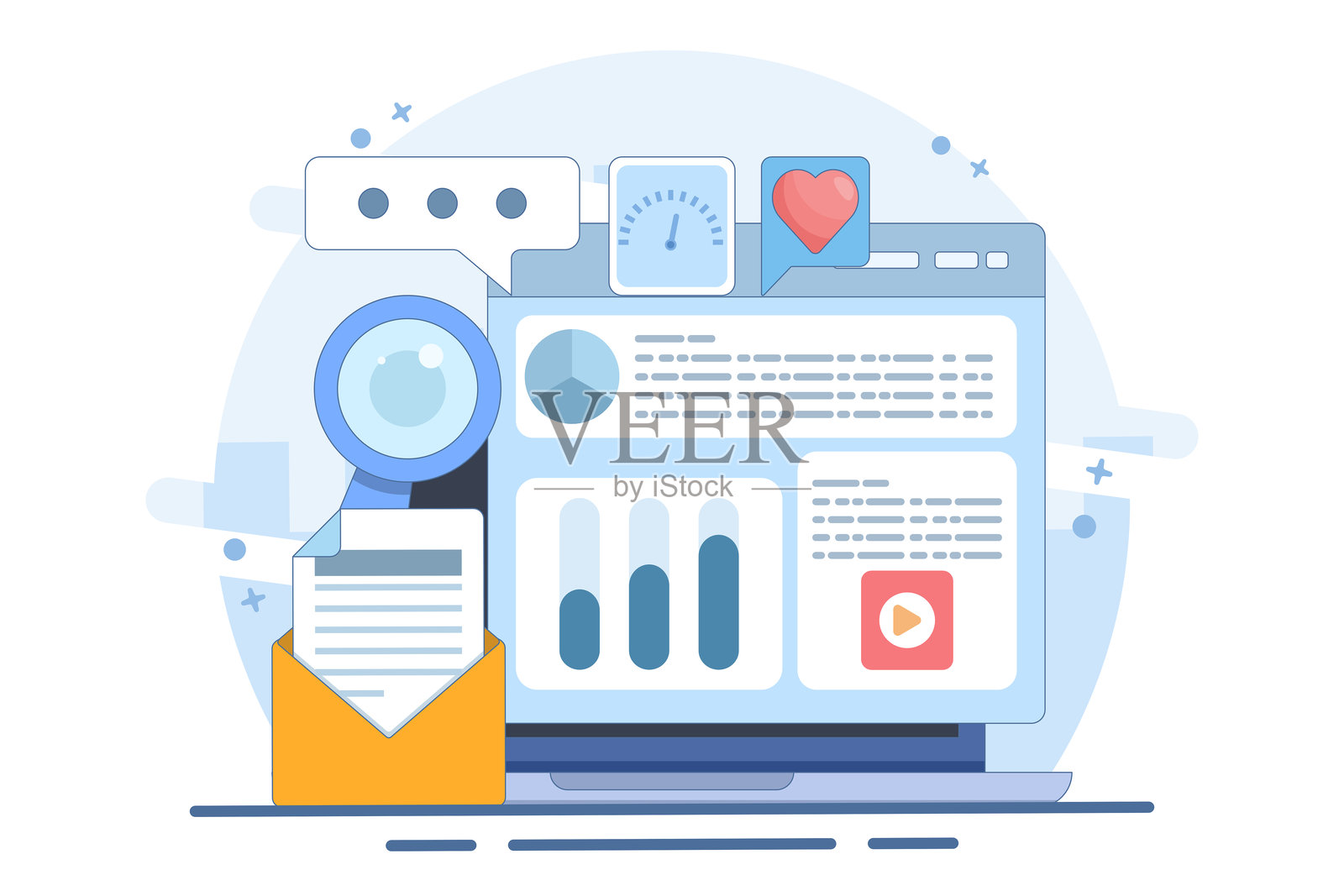 电子邮件分析概念，电子邮件营销活动的软件，电子邮件活动分析，新闻通讯营销。背景上的矢量插图。插画图片素材