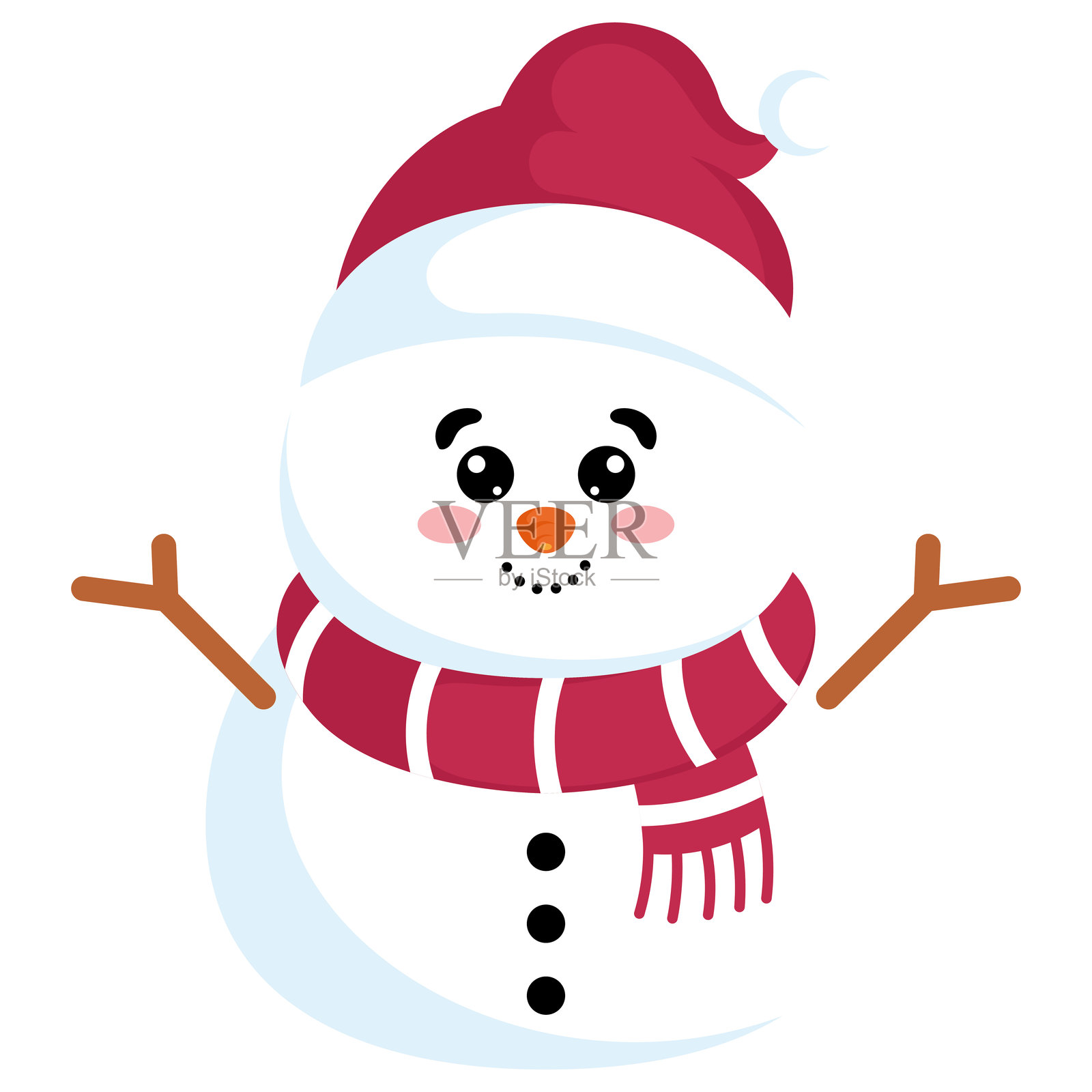 微笑的雪人，戴着红色围巾和帽子，矢量图插画图片素材