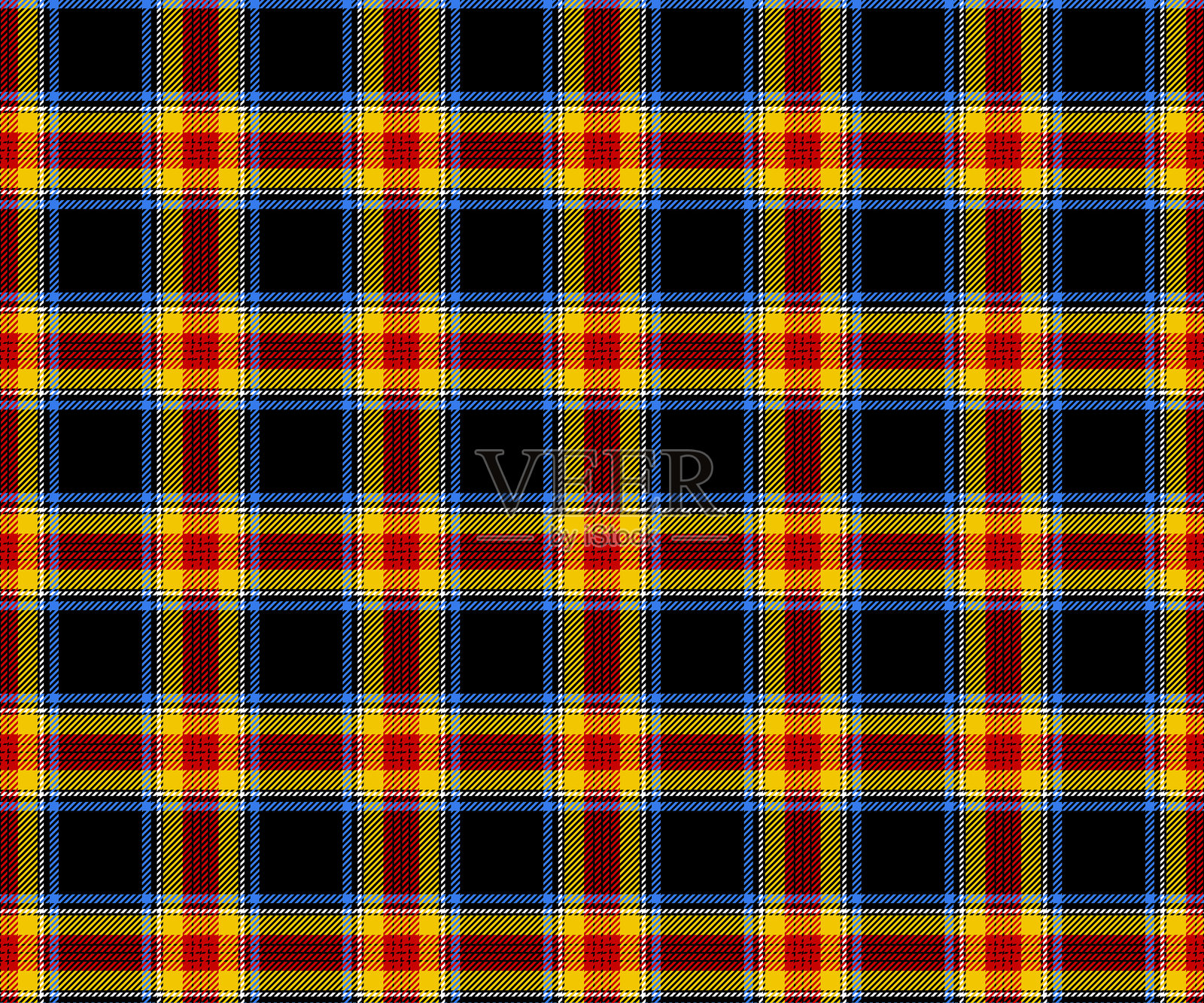格子布料图案，黄色、黑色、红色、蓝色，适用于纺织品和日常服装设计，如裙子、裤子或装饰性面料。矢量插图。插画图片素材