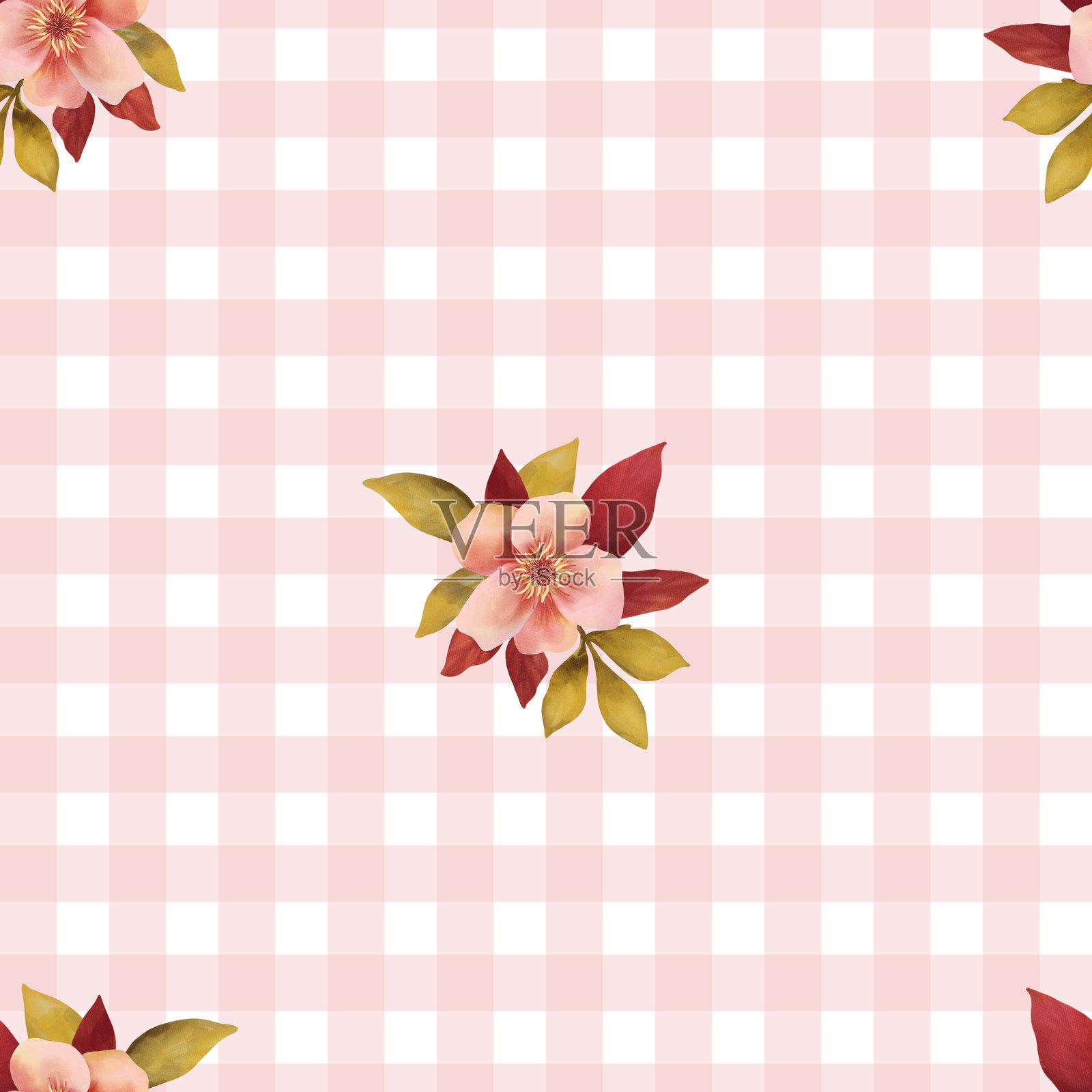 花卉无缝图案，彩色雏菊花格子布背景卡通插图，桌布，野餐垫，包装纸，面料，纺织品，围巾插画图片素材