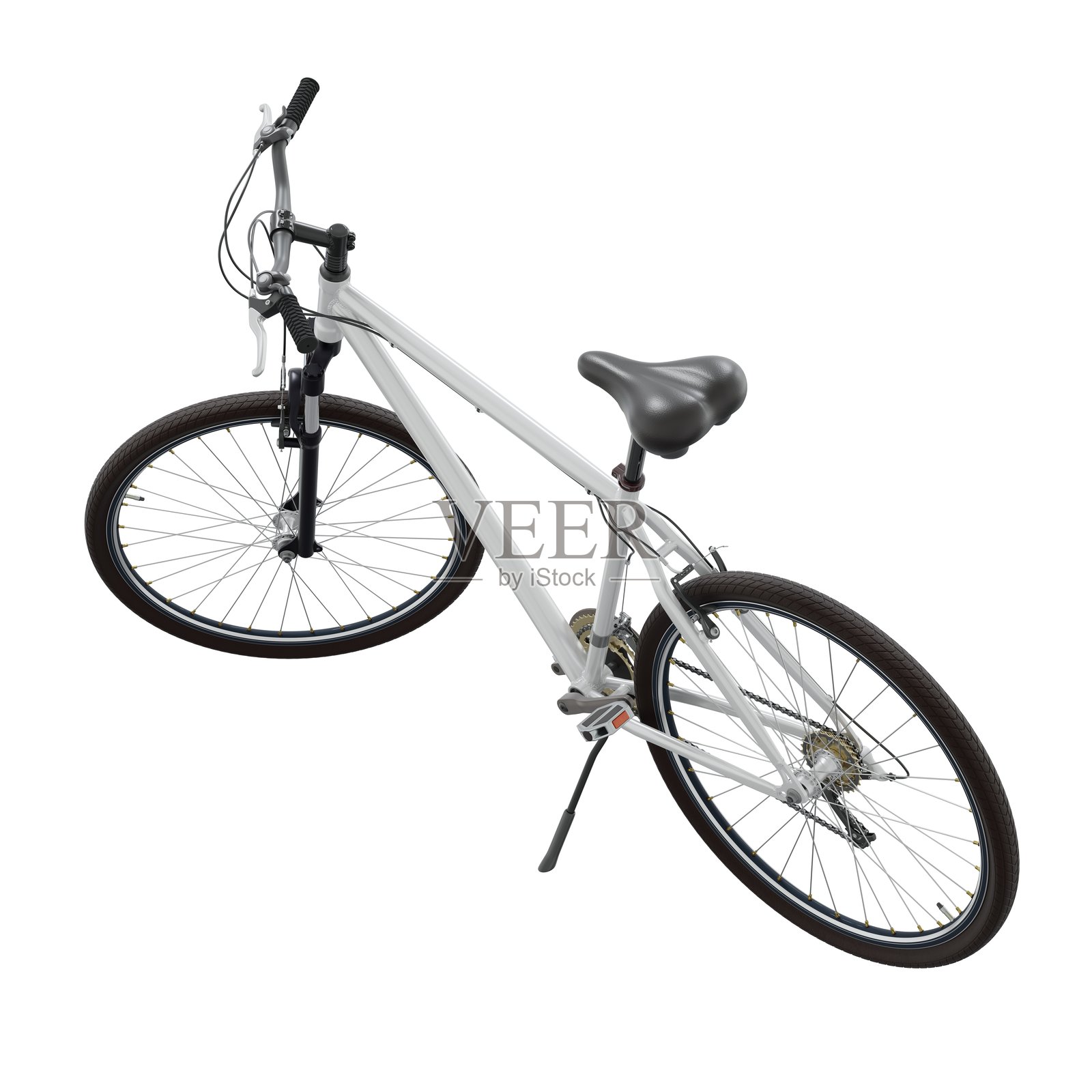 白色自行车立在支架上，侧后视图，背景为白色，3D插图照片摄影图片