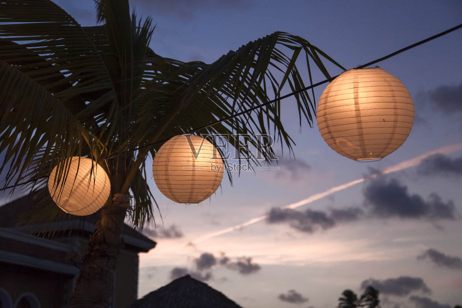 热带海滩上，棕榈树下悬挂着灯笼，映衬着美丽的日落。照片摄影图片