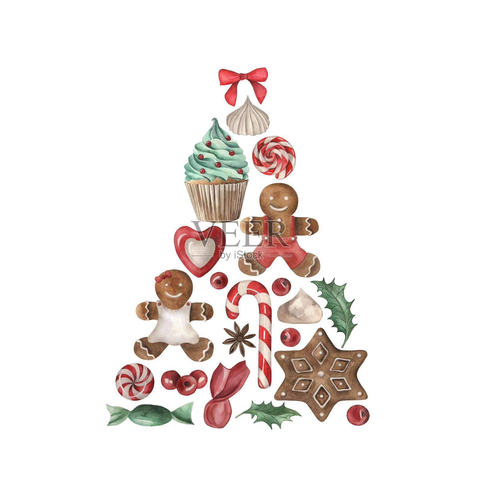 圣诞树，糖果，纸杯蛋糕，棒棒糖，糖果，姜饼，蛋白霜，冬青，新年。这幅插图是用水彩单独绘制的。用于设计、包装、印刷、纺织、室内装饰。插画图片素材