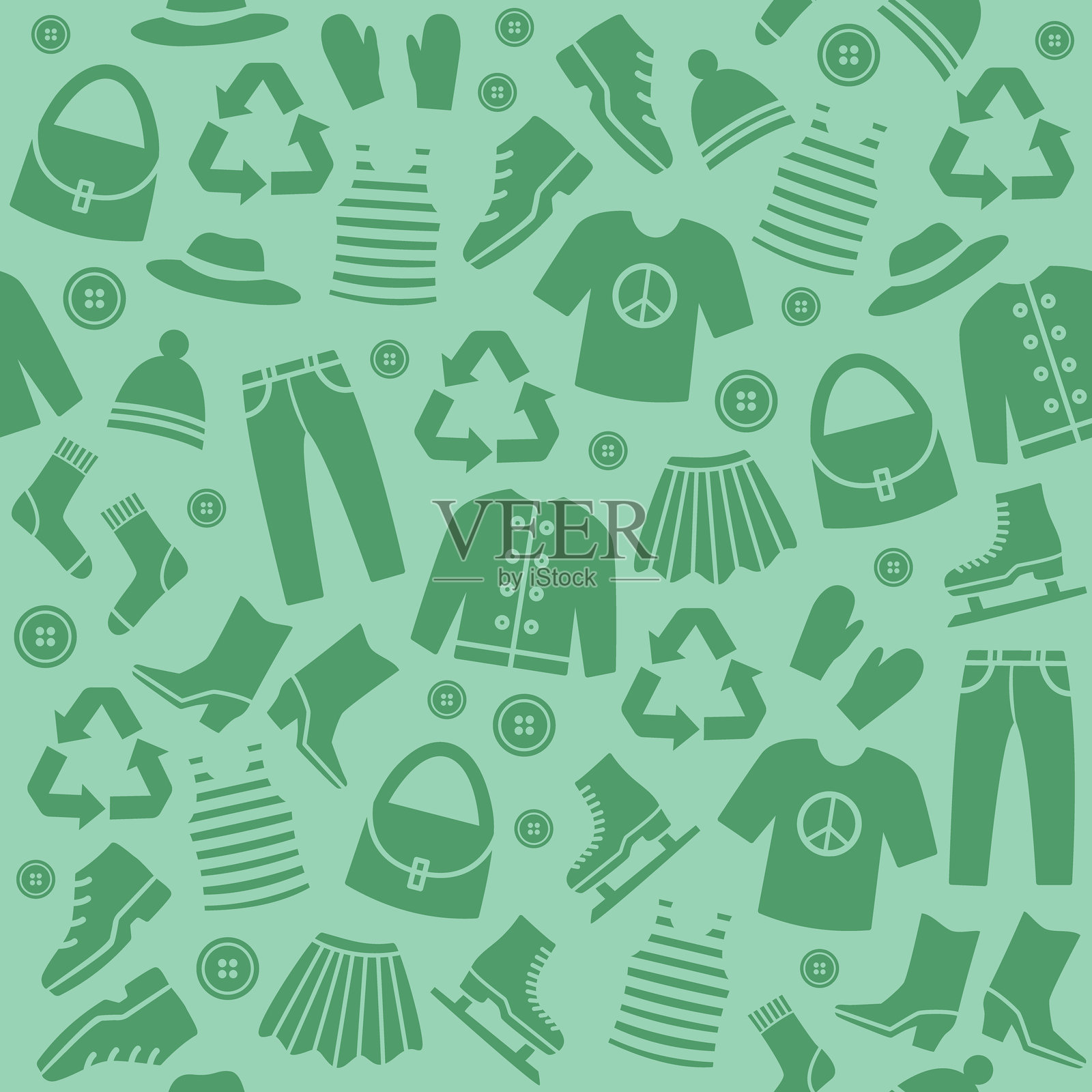 以回收衣物为主题的无缝图案，体现可持续生活方式。插画图片素材