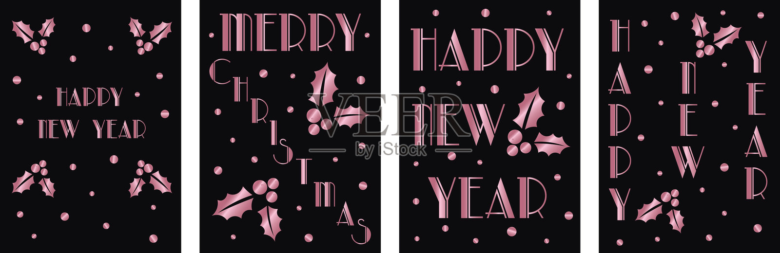 艺术装饰风格的圣诞卡片套装，包含冬青叶和圣诞元素。矢量插图插画图片素材