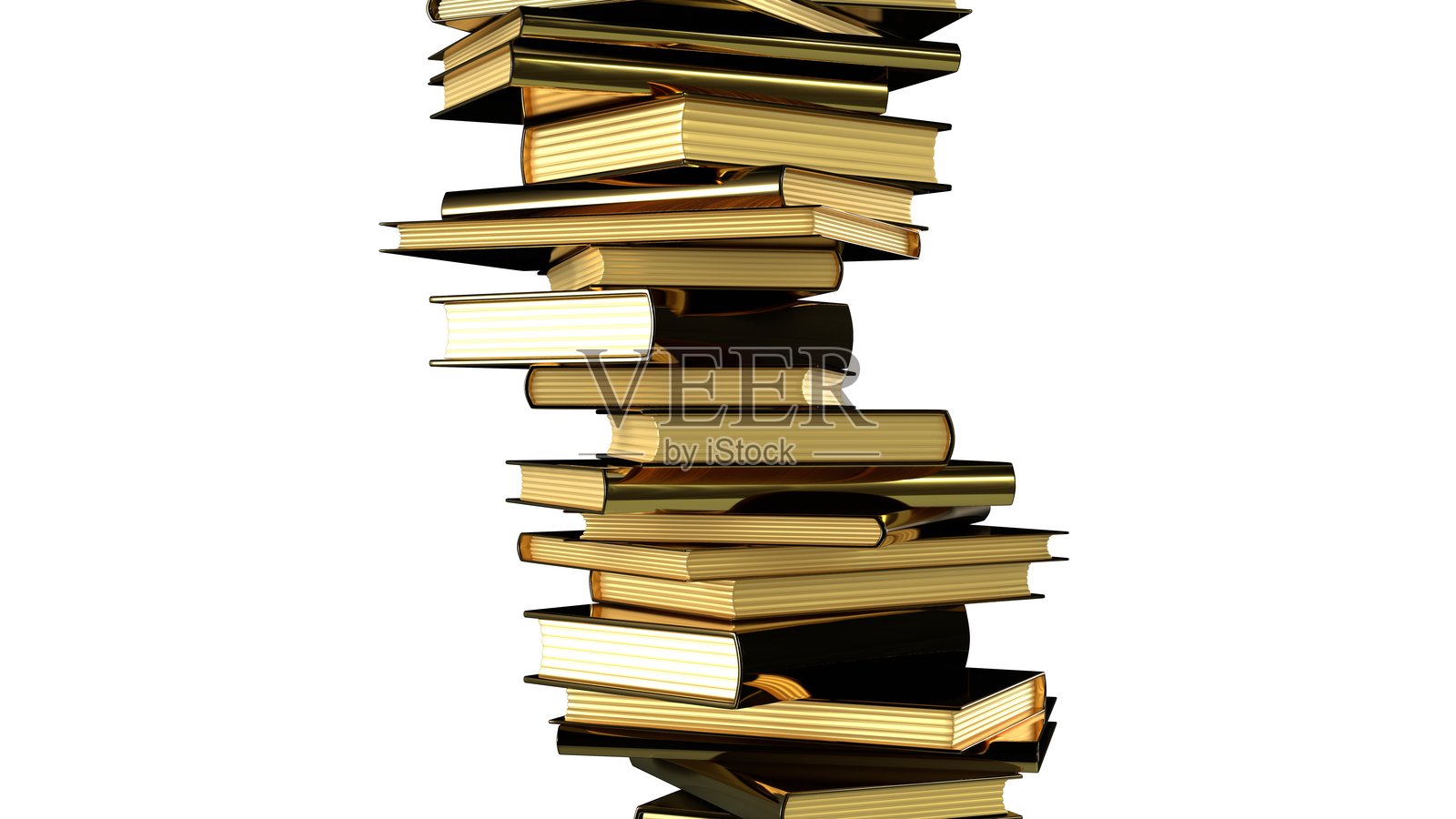 堆叠的金色书籍，背景为白色。照片摄影图片