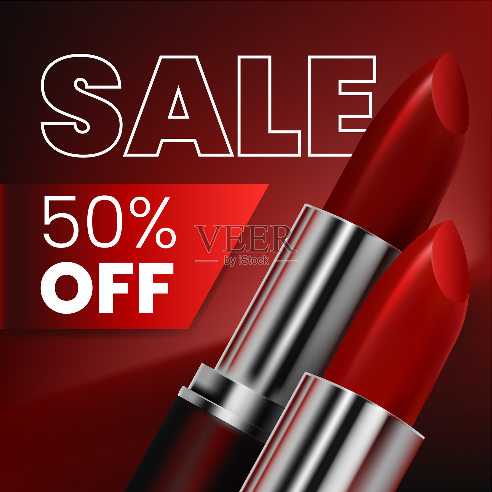 高端口红50折促销横幅模板，适用于化妆品销售或促销。3D真实感红色口红，优雅的光滑银色和黑色包装。用于折扣、优惠和品牌推广。非人工智能生成。插画图片素材