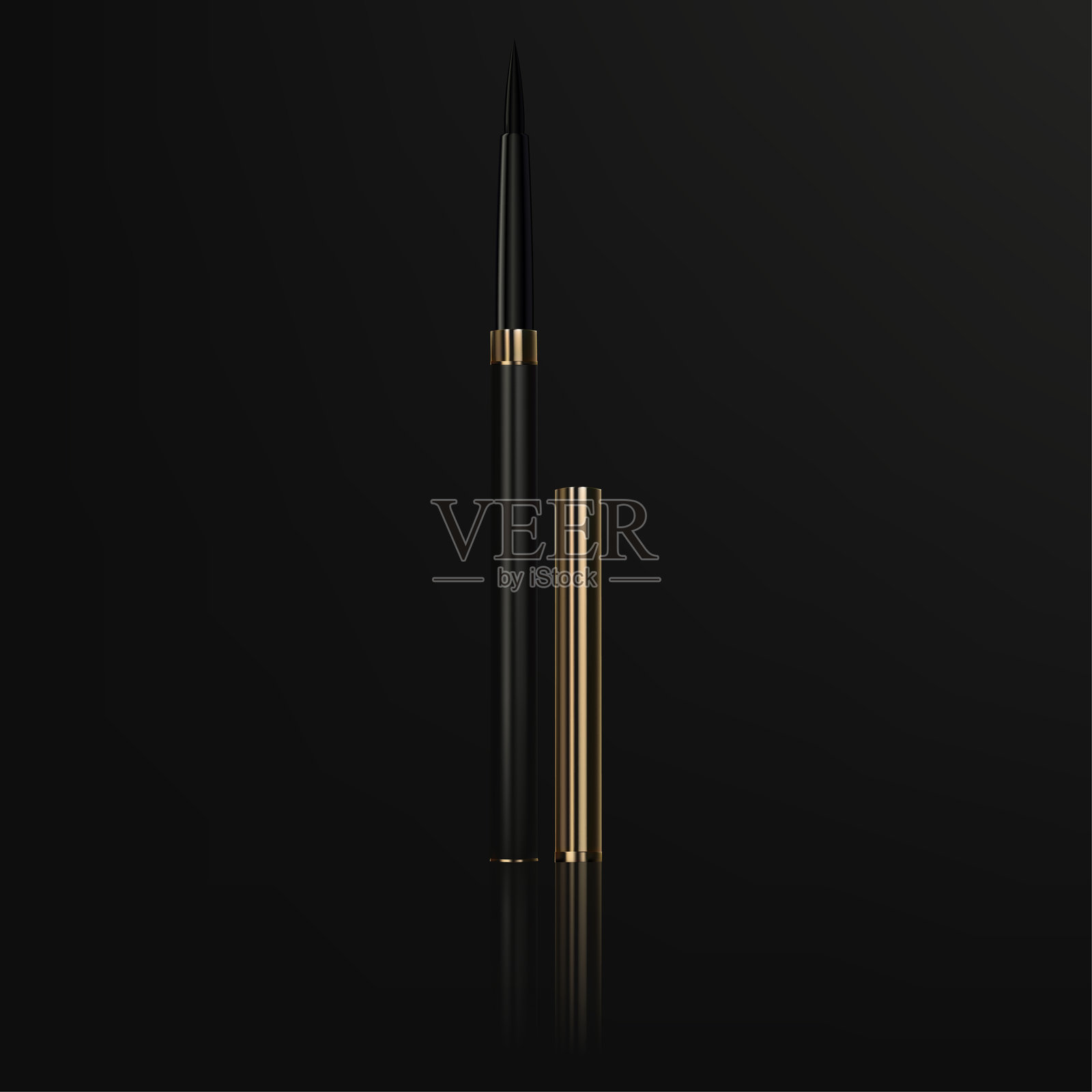 一款奢华的3D眼线笔，设计优雅，黑色与金属金色相结合。非常适合美容和时尚广告。插画图片素材