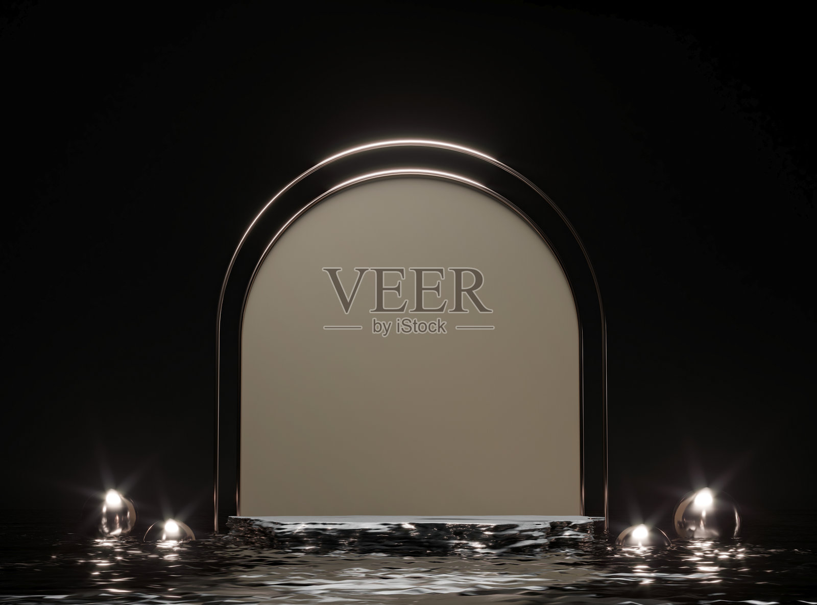 圆形粗糙石座。黑色圆柱体在黑暗的水中。3D渲染插图照片摄影图片