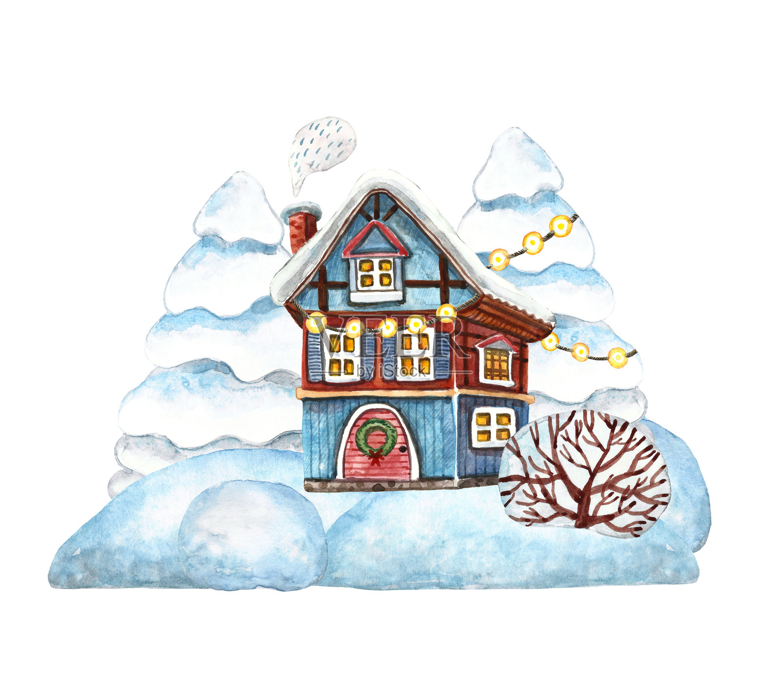 水彩冬季场景插图，包含可爱的卡通房屋、雪和霜冻的云杉树。手绘的圣诞主题插图。插画图片素材