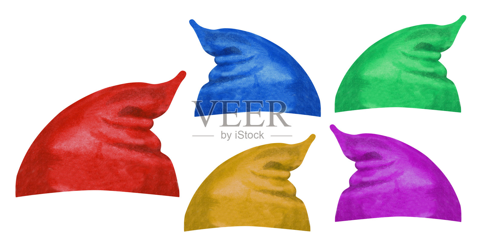 五顶多彩的小矮人帽子，孤立在白色背景上。水彩风格的红色、蓝色、绿色和紫色帽子，适用于服装和头饰模板，适合剪贴簿、横幅、边框和构图。插画图片素材