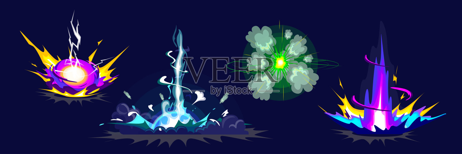 一组美丽而强烈的卡通风格爆炸。矢量插图展示了不同类型的炸弹爆炸，伴有火焰、烟雾、尘埃和明亮的中心，背景为深蓝色。插画图片素材