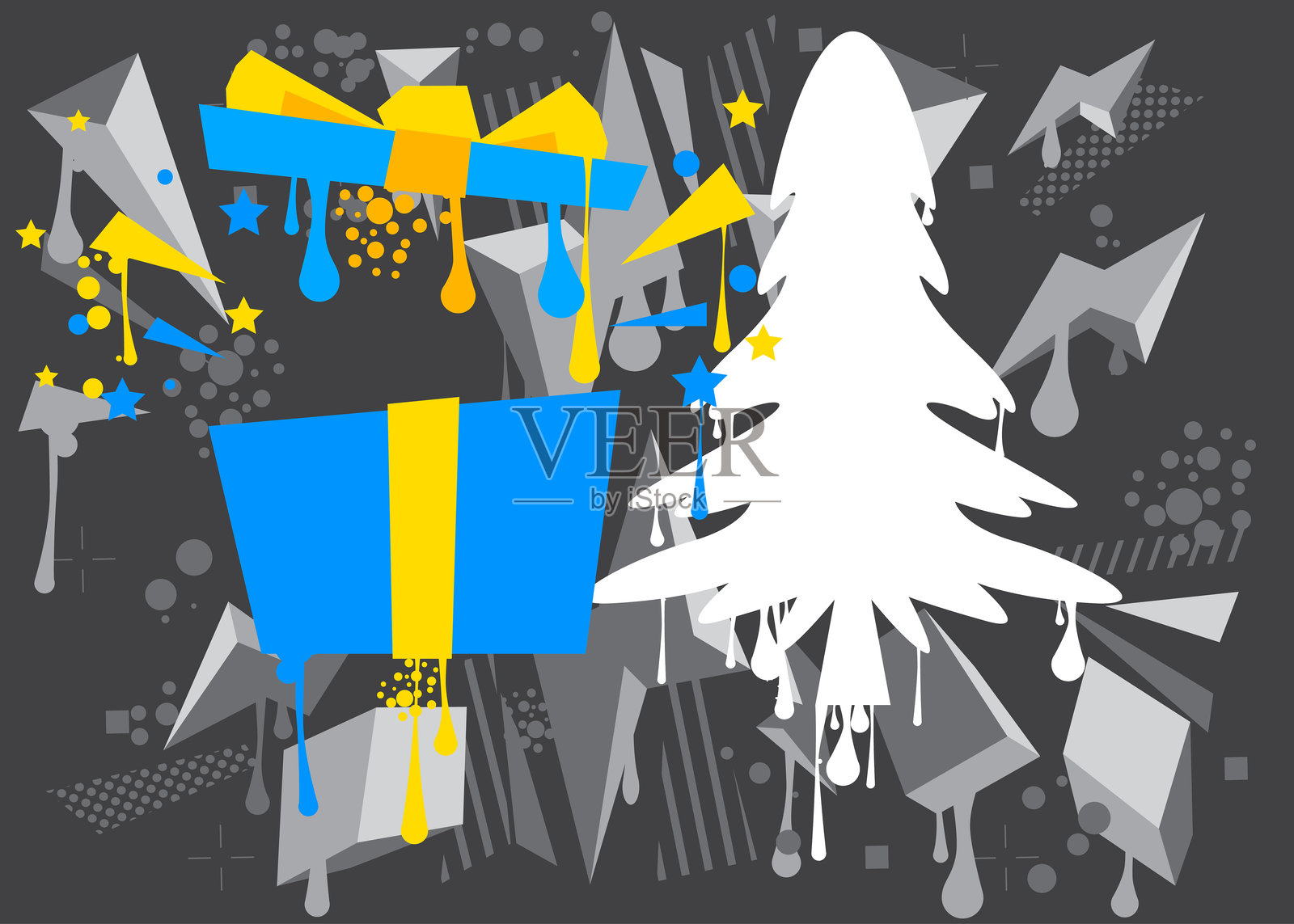 礼品盒和松树的涂鸦标签。抽象现代街头艺术装饰，采用城市绘画风格。插画图片素材