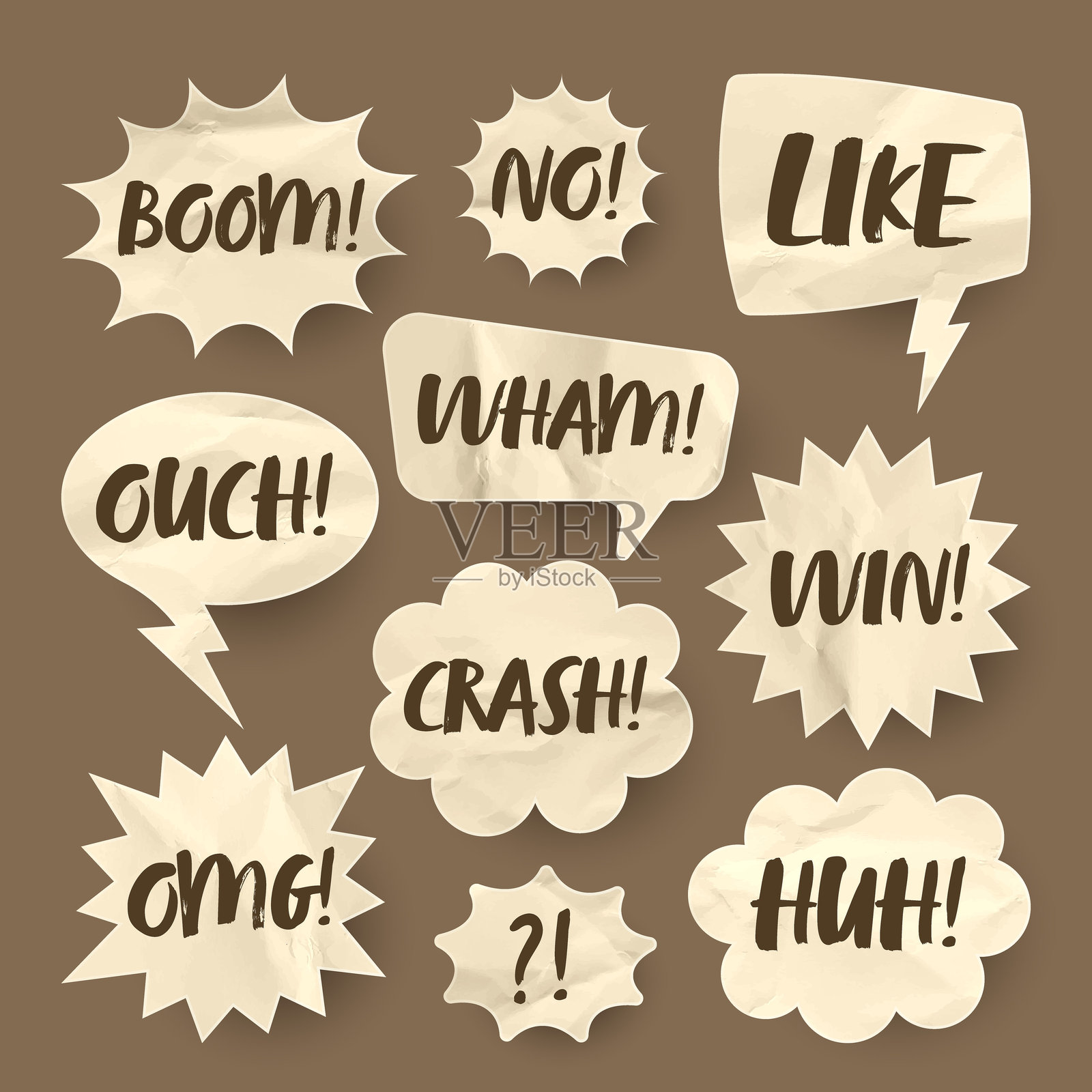 皱褶的棕色纸质漫画对话气泡。手绘复古卡通贴纸，带有文字。波普艺术风格。旧的、复古的对话框，具有纸板质感。矢量插图。插画图片素材