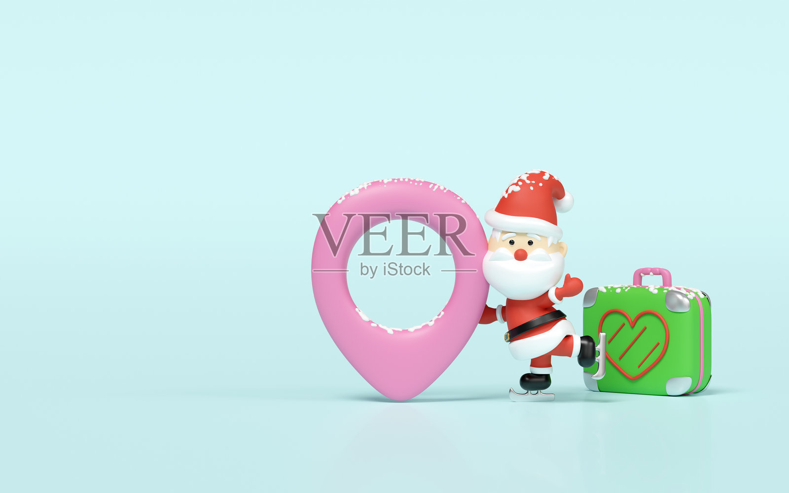 3D圣诞老人带着行李在蓝色背景上滑冰，孤立图像。圣诞快乐和节日新年旅行概念，3D插图渲染。照片摄影图片