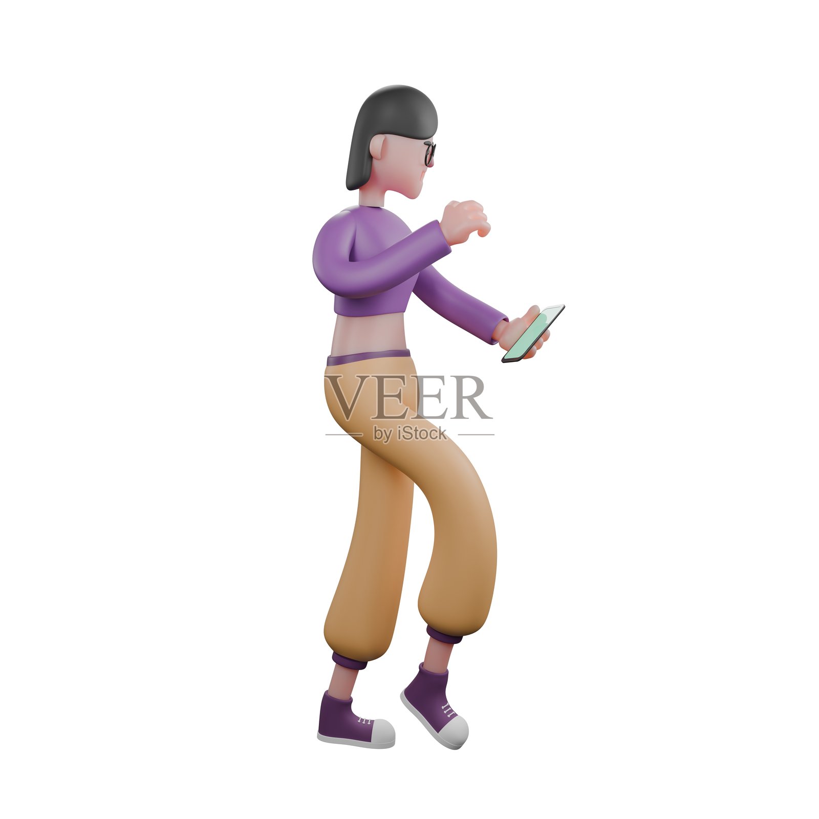 3D插图舞蹈表演者。一位女性舞者向左走，同时看着左手握着的手机，右手在胸前向前举起。动画角色照片摄影图片