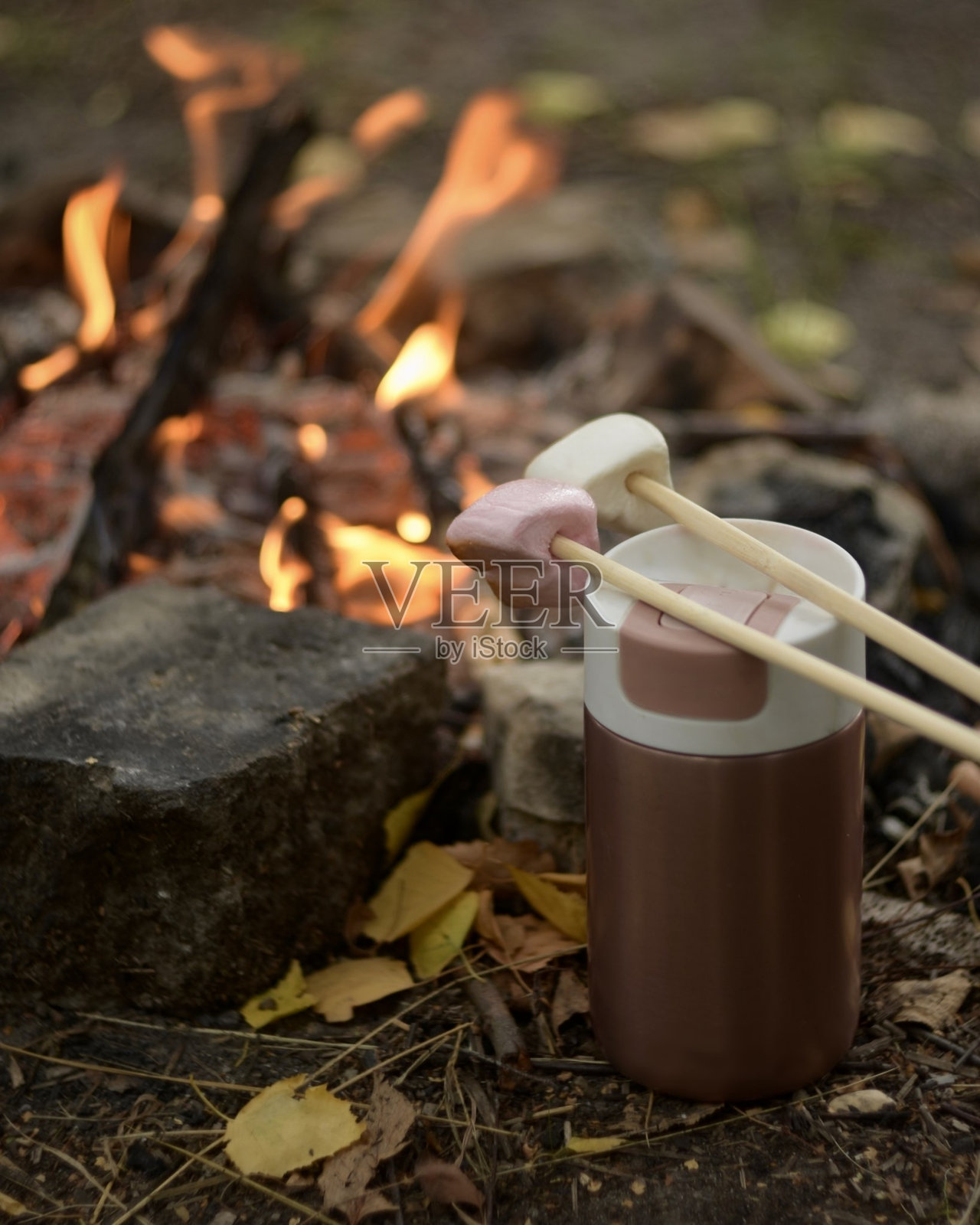 火坑旁的保温杯里有烤棉花糖和茶照片摄影图片