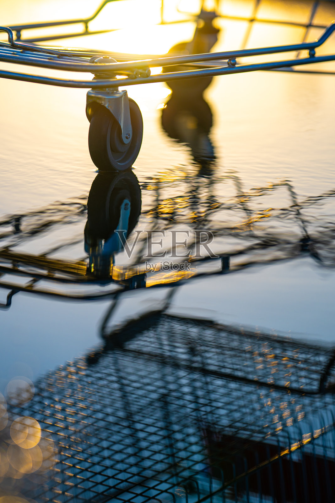 日落光线下的空购物车漂浮在水中。照片摄影图片