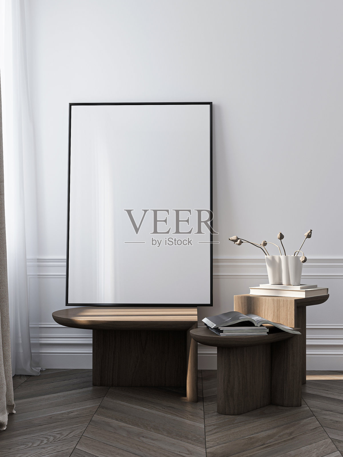 框架模型，ISO A纸张大小。客厅墙壁海报模型。带有房屋背景的室内模型。现代室内设计。3D渲染。照片摄影图片