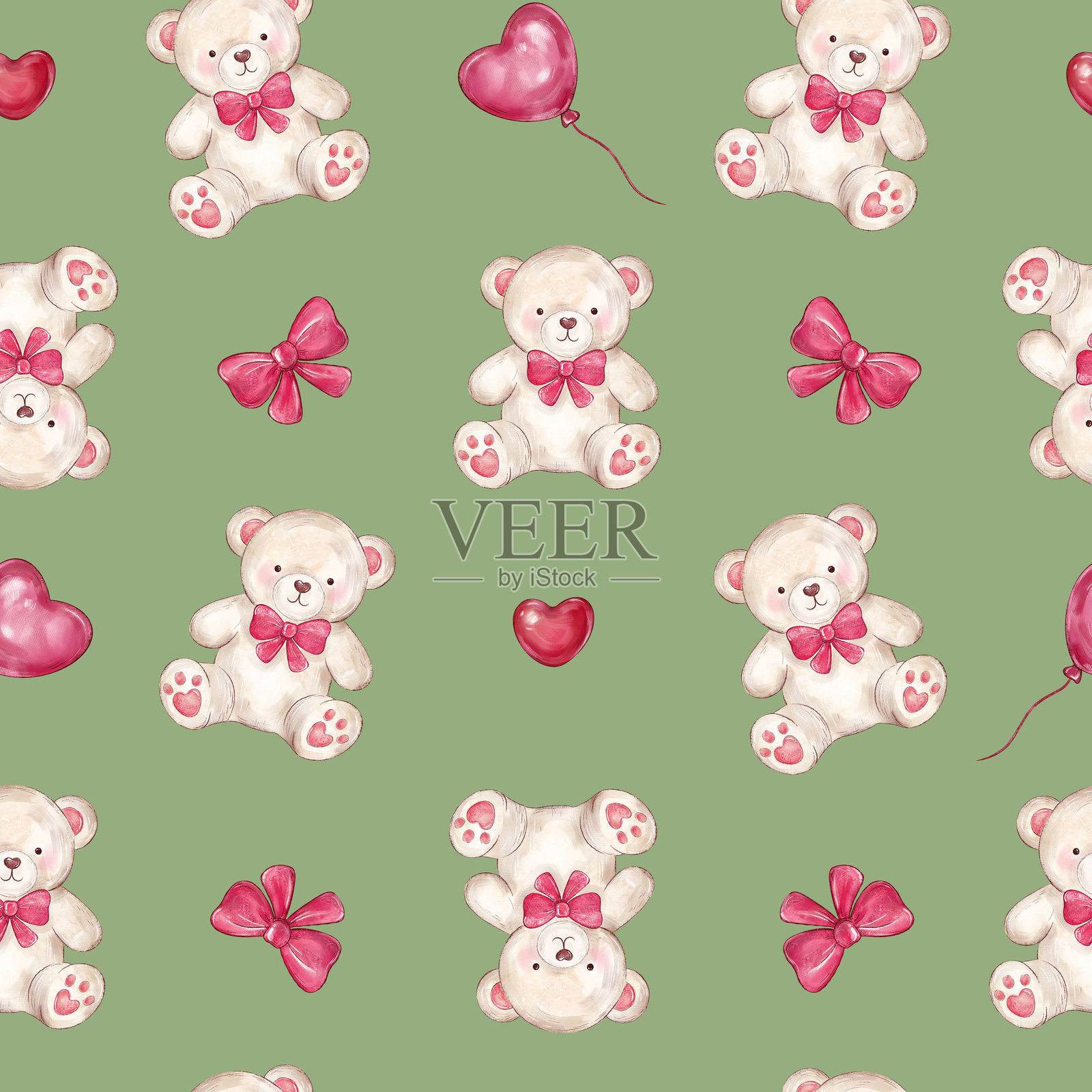 可爱泰迪熊的无缝图案。情人节插图。爱与心的背景。插画图片素材