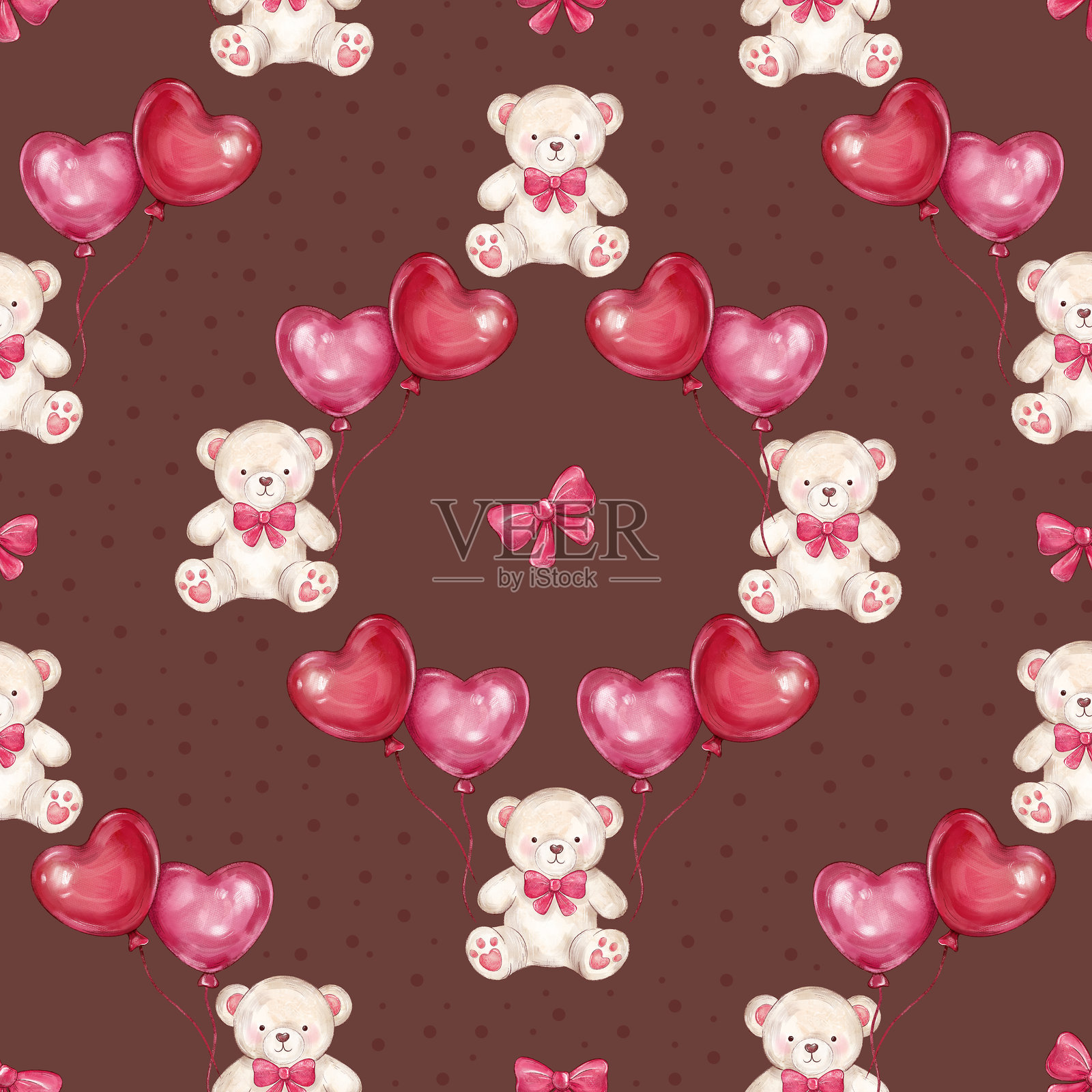 无缝图案，包含泰迪熊和心形图案插画图片素材