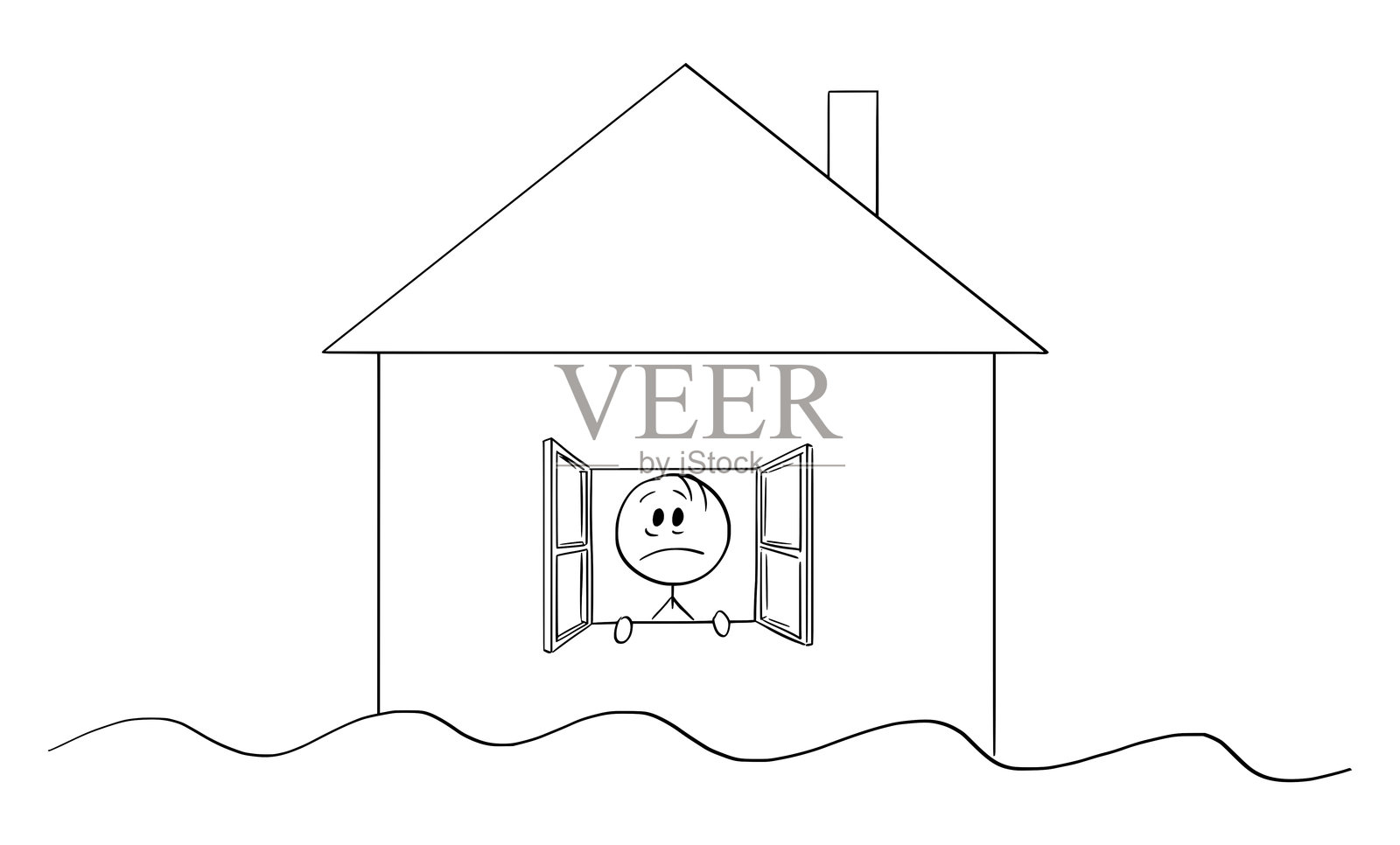 家庭房屋内的人员在洪水中，矢量卡通火柴人插图插画图片素材