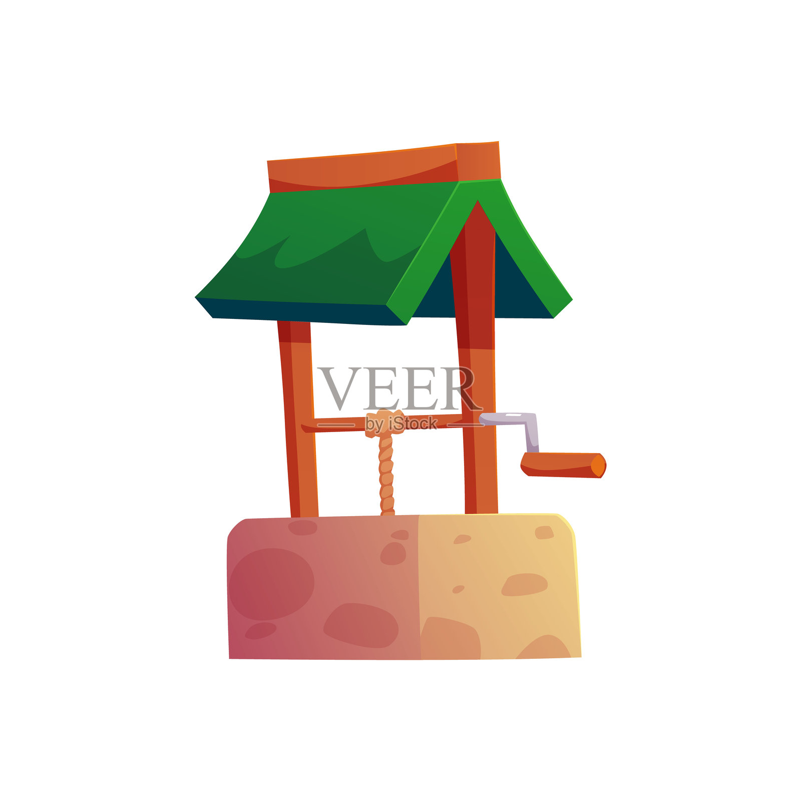 卡通风格的村庄水井，井中有水，背景为白色。插画图片素材