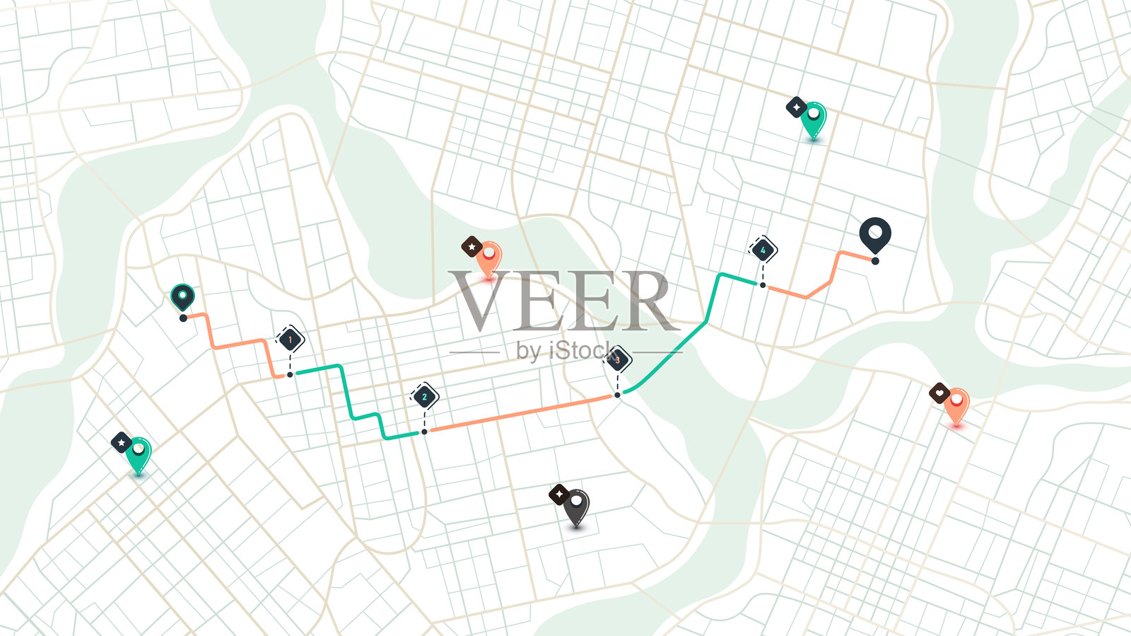 位置追踪仪表板，显示到达数据。城市街道地图上的标记。街道和位置，矢量背景。大型城市俯视图。插画图片素材