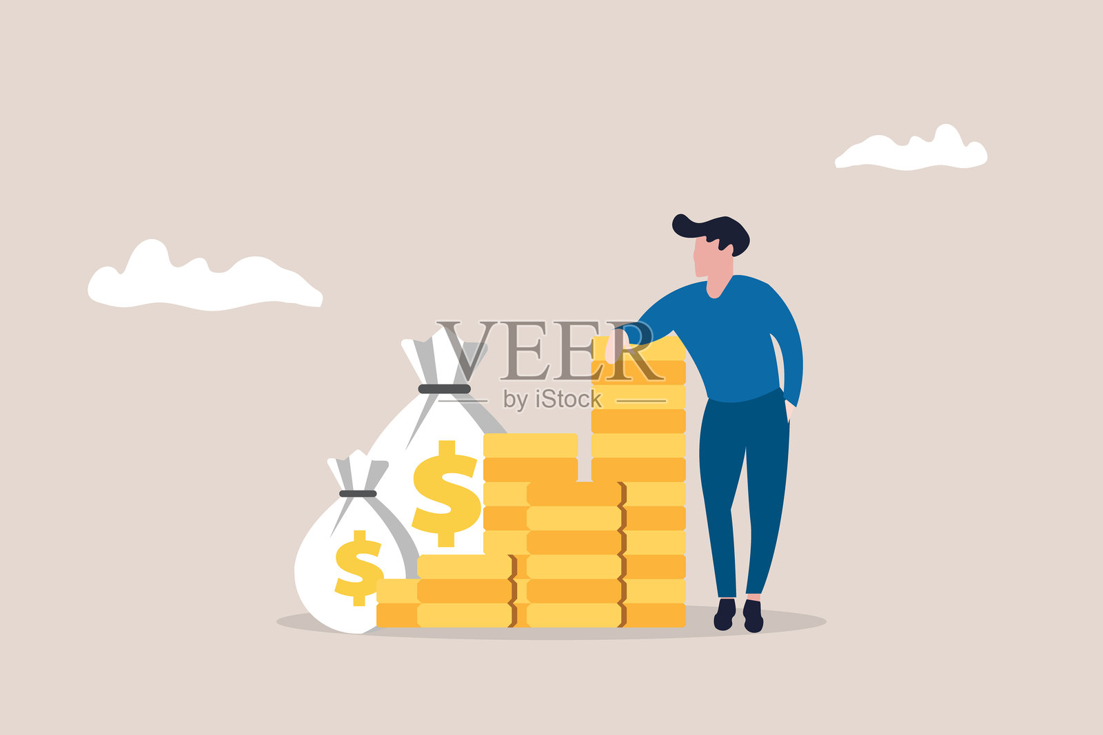 专业商人站在一堆硬币旁边。高薪和收入的概念，薪水或多重收入来源，副业或兼职收入，投资回报。插画图片素材