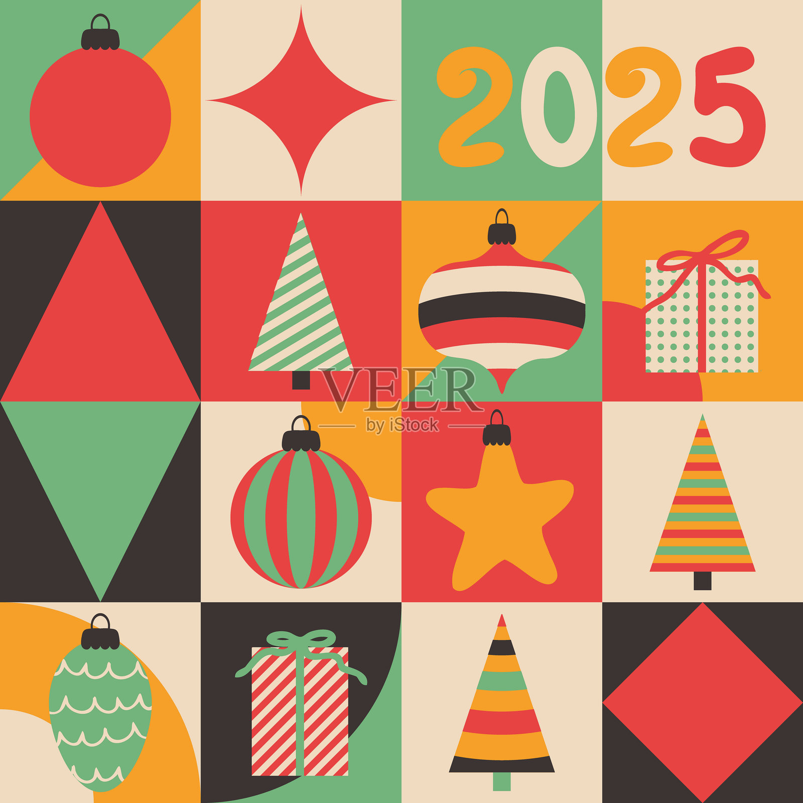 2025年新年快乐，简单现代的几何图案。适用于横幅、传单、标签、明信片和促销的圣诞背景。平面矢量插图。插画图片素材