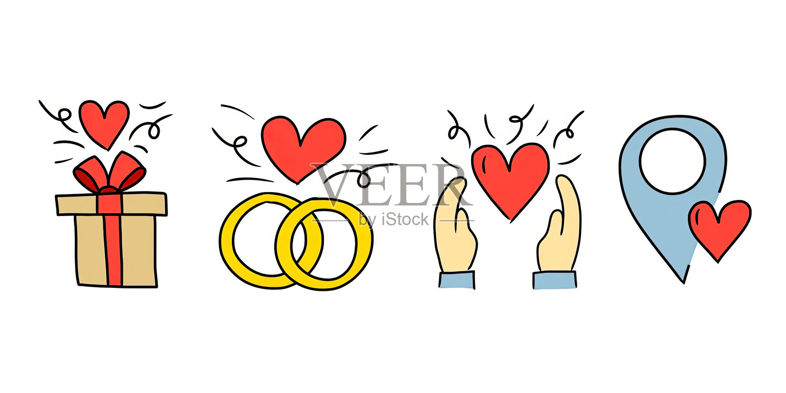 情人节假期。世界爱的日子。美丽的爱情。情人节涂鸦图标。情人节。美丽的心形。伟大的爱。插画图片素材