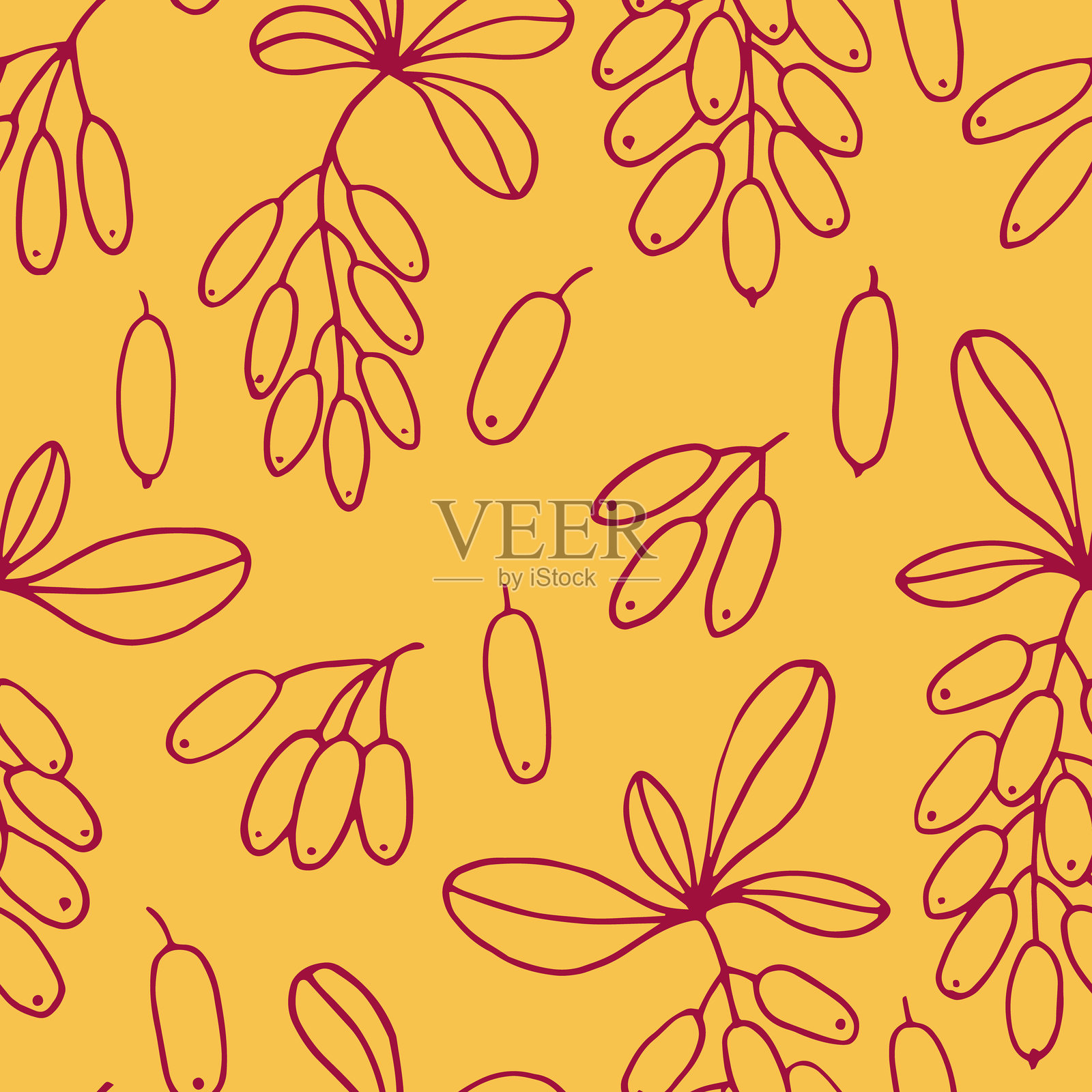 无缝图案，包含叶子和小果酸梅。手绘矢量插图，采用轮廓风格。插画图片素材