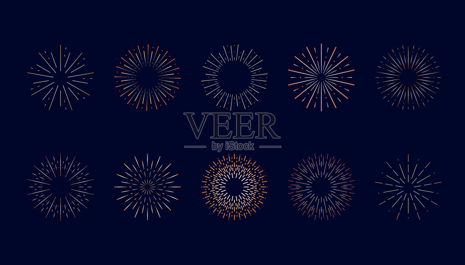 烟花线条圆形图标集。光辉圆圈。爆炸插图。插画图片素材