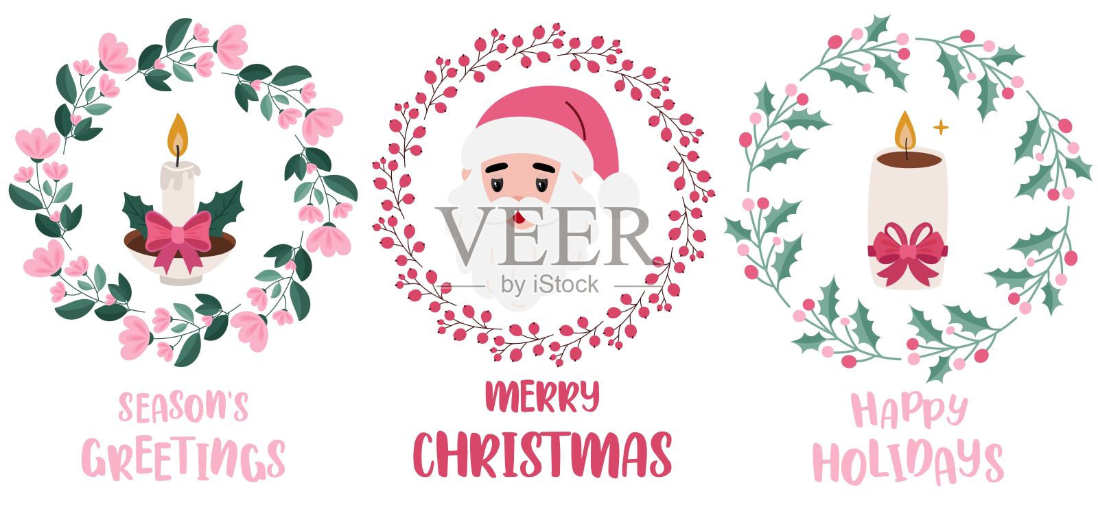 圣诞快乐植物花环套装，配有蜡烛和圣诞老人。用于贺卡、海报和社交媒体的装饰。插画图片素材