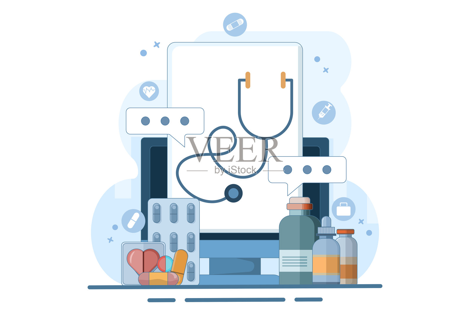 在线健康远程医疗概念。通过互联网诊所移动应用程序进行在线医疗健康咨询和治疗，连接到计算机。在线医生咨询。扁平化插图。插画图片素材