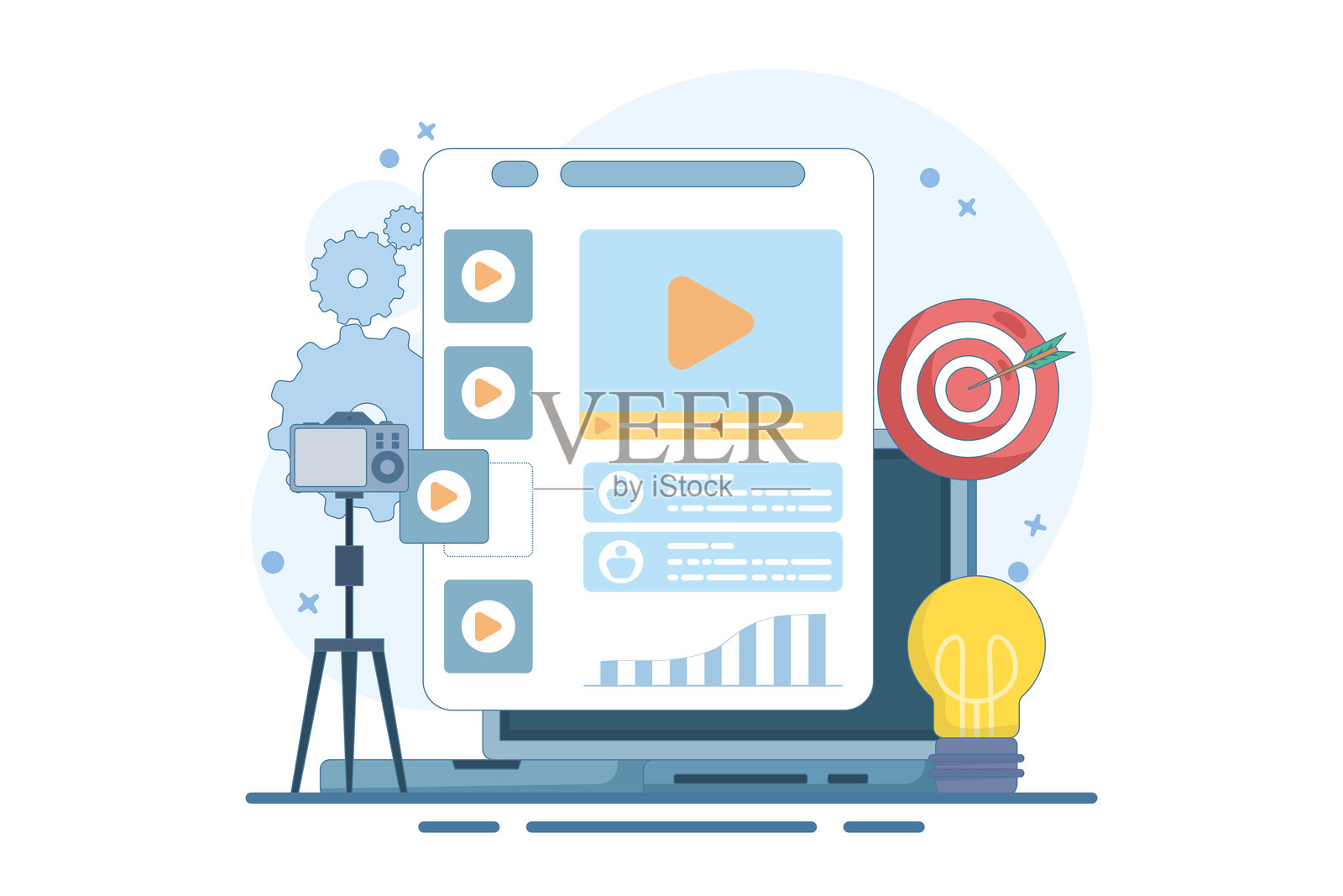 视频营销影响者概念。获奖广告，电影行业。视频推广。社交媒体策略，互联网广告。扁平设计的登陆页面网站插图。插画图片素材