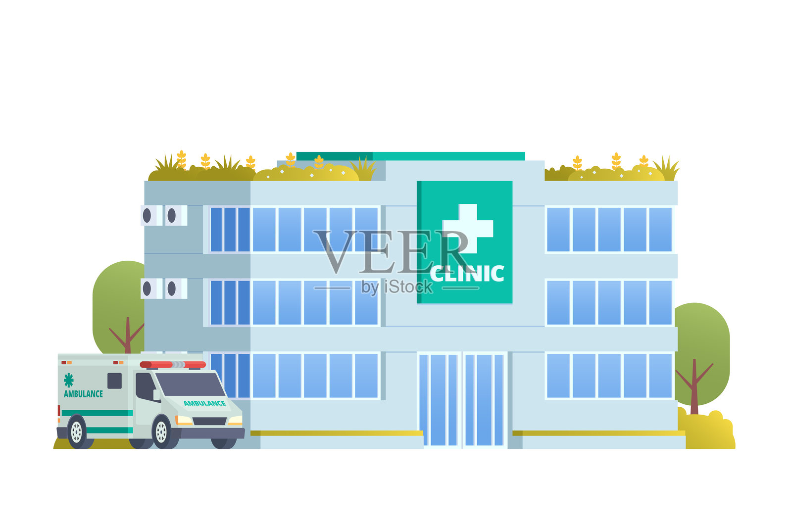 诊所建筑插图，正面和侧面视图平面设计插画图片素材