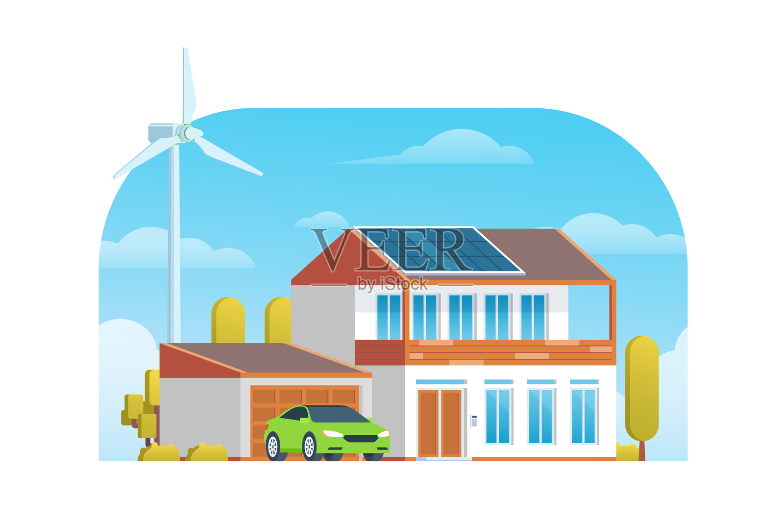 绿色可持续智能住宅建筑插图。矢量图。插画图片素材