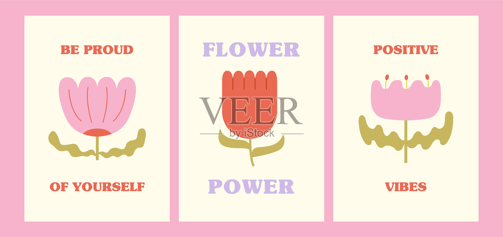 复古迷幻风格的花卉海报套装。矢量平面插图，包含抽象的天真几何花朵。插画图片素材