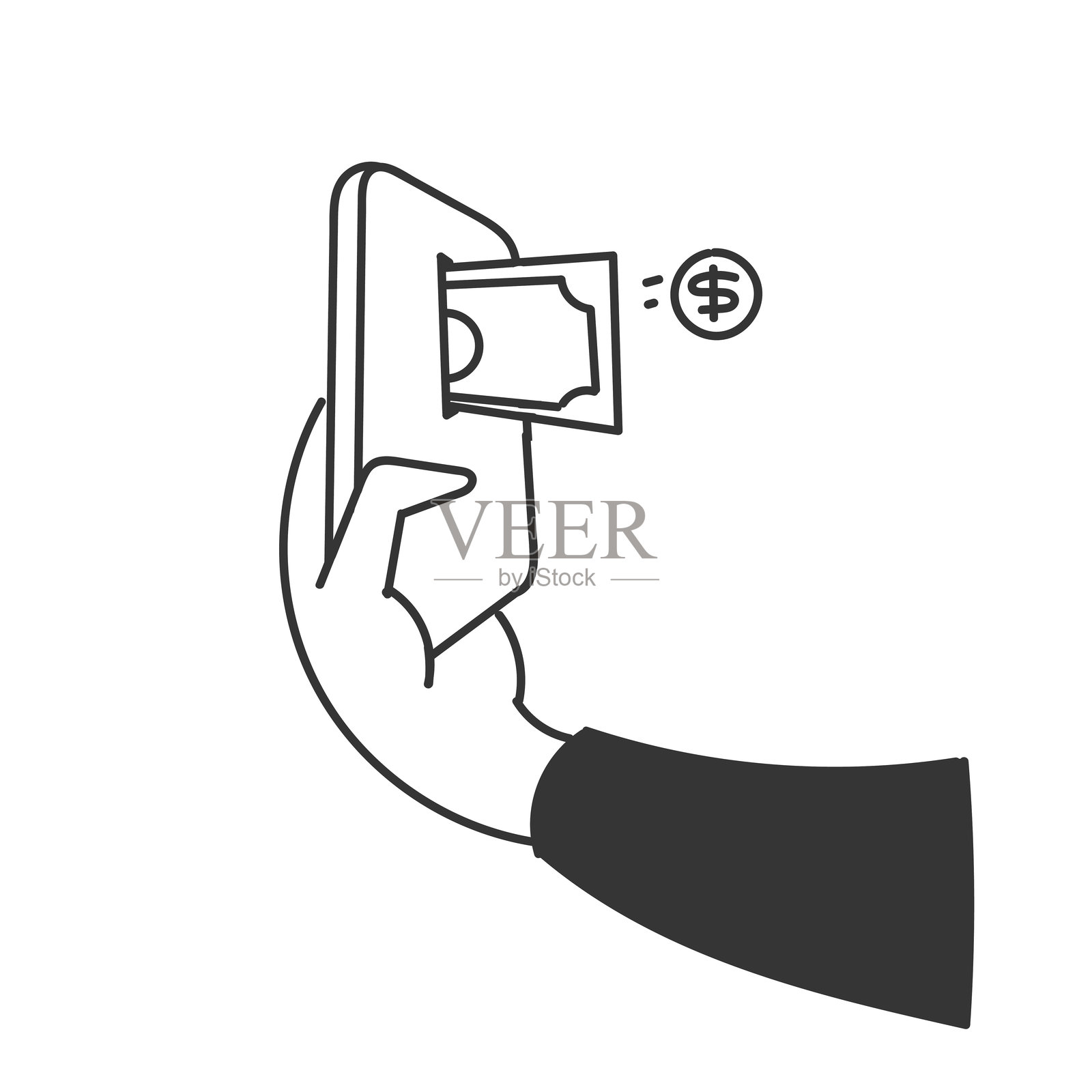 手绘涂鸦：钱从手机中流出插画图片素材